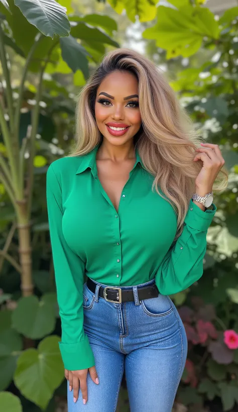 (Ultra-realistic), (high resolution), ((((upperbody view)))), one beautiful African woman, beautiful faces, red lipstick, full make-up, vibrant blonde hair ((wearing greenn blouse)),((wearing blue jeans)), standing, smiling, in a garden background. 