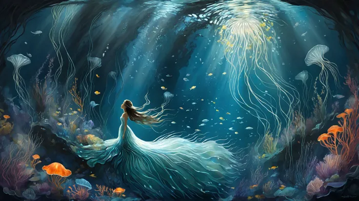 imagine a serene underwater grotto where a mermaid mother with flowing, starlight-infused hair reclines on a bed of glowing coral, surrounded by her playful ren, bioluminescent jellyfish, and schools of shimmering fish. Her gown, woven from captured moonli...