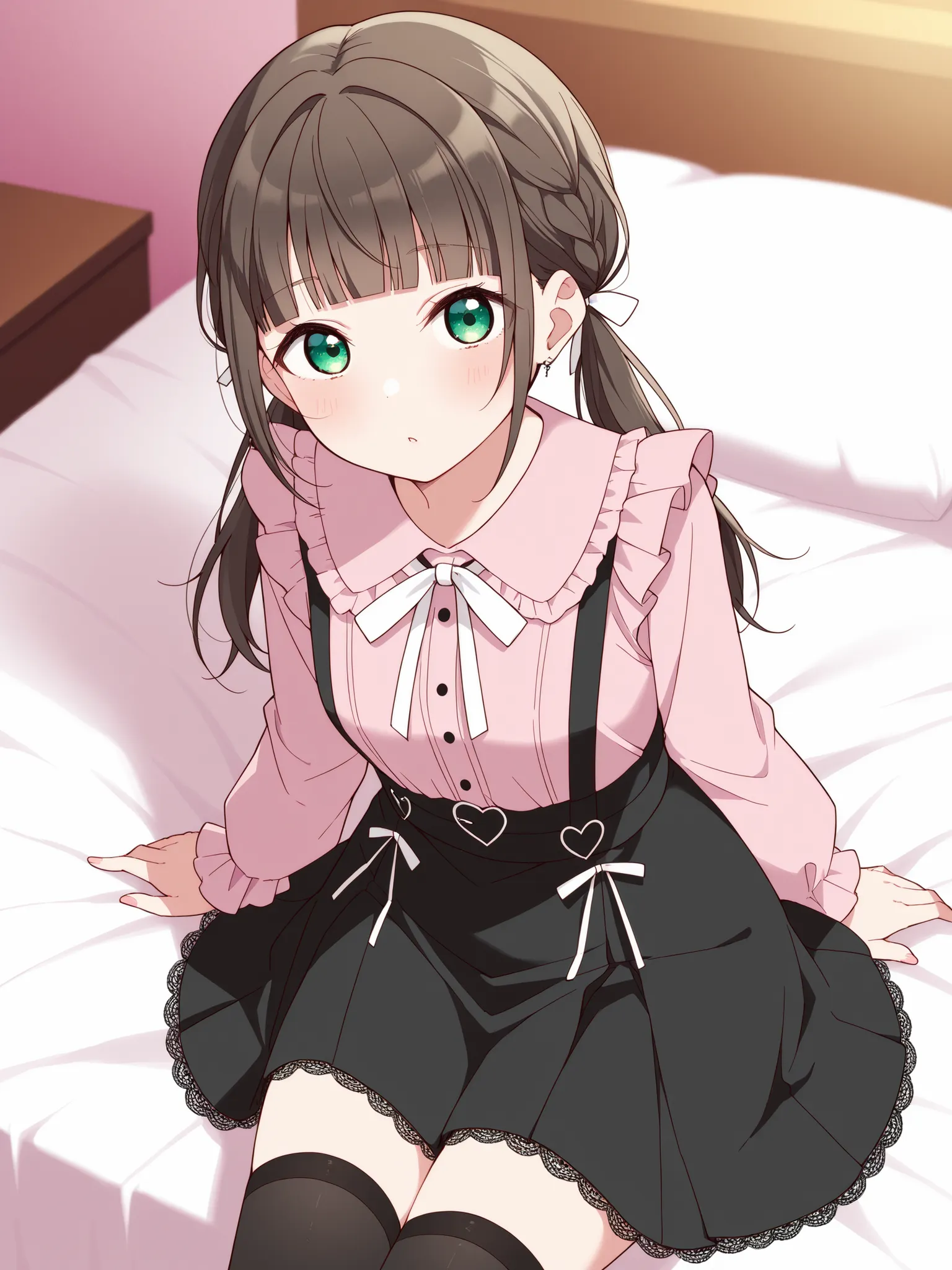 lovelive,long hair,blunt bangs,brown hair,low-knotted twin tails,white ribbon,green eyes,bed,jirai kei, pink shirt, neck ribbon, black skirt, black thighhighs, zettai ryouiki