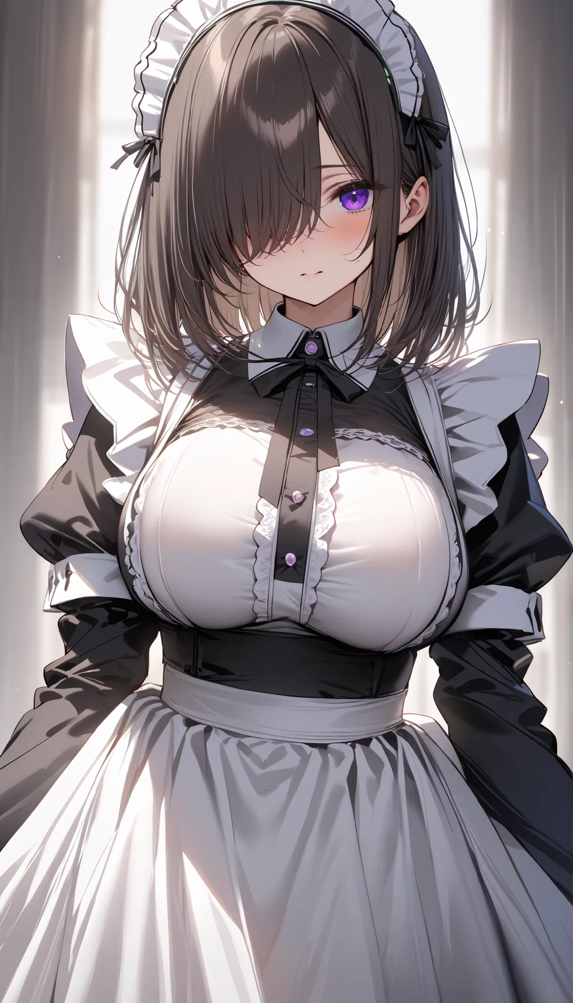 (masterpiece, Highest quality:1.2), (1girl), alone, ((medium hair)), ((dark brown hair)), ((straight hair)), ((hair over face)), (hair over one eye), (hair over right eye), high detail, bloom, ((detailed face)), (((black maid dress))), white apron, long sl...