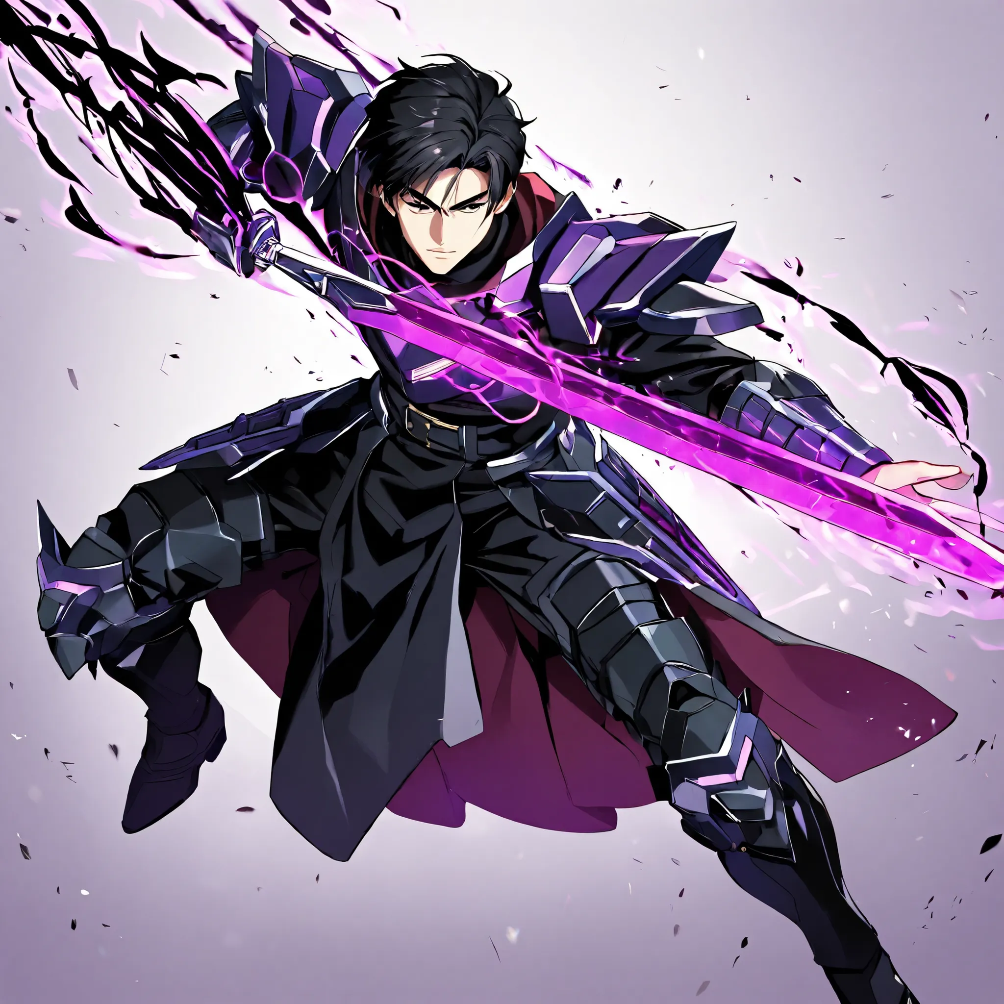 Solo, 1 male,  Masterpiece, High Resolution,full view, Simple background, black military garb, black chest and leg armor, negative energy, battle gear, black hair, Anatomically Correct, Best Quality, powerful magic aura, black aura, black eyes, battle aura...