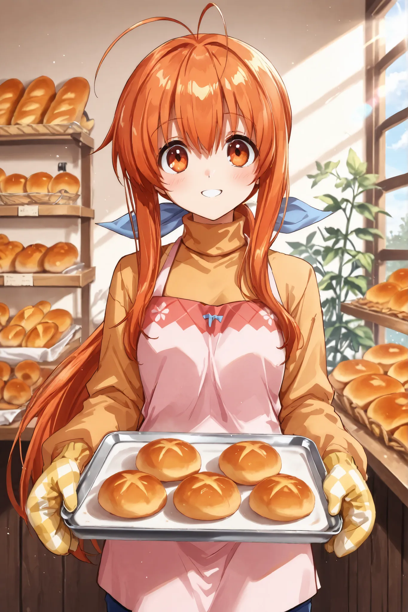 Wearing oven mitts,