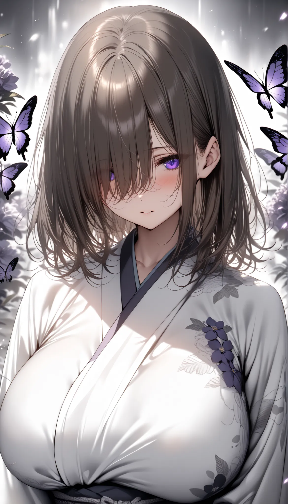(masterpiece, Highest quality:1.2), (1girl), alone, ((medium hair)), ((dark brown hair)), (straight hair), ((hair over face)), detailed eyes, (hair over one eye), (hair over right eye), (purple eyes), (huge breast), high detail, ((bloom)), ((detailed face)...