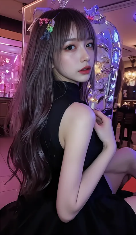 ((depicts a Korean pop idol girl。),(full body shot with mahiru),((99 cm G cup big breasts)),((Glamorous Disco Hall)),((high neck sleeveless dress)),(Neon lights illuminate you),(smile),(beautiful Korean idol makeup,beautiful lips,dark eyeshadow,long lashes...