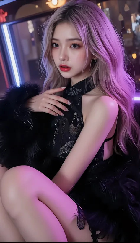 ((depicts a Korean pop idol girl。),(full body shot with mahiru),((99 cm G cup big breasts)),((Glamorous Disco Hall)),((high neck sleeveless dress)),(Neon lights illuminate you),(smile),(beautiful Korean idol makeup,beautiful lips,dark eyeshadow,long lashes...