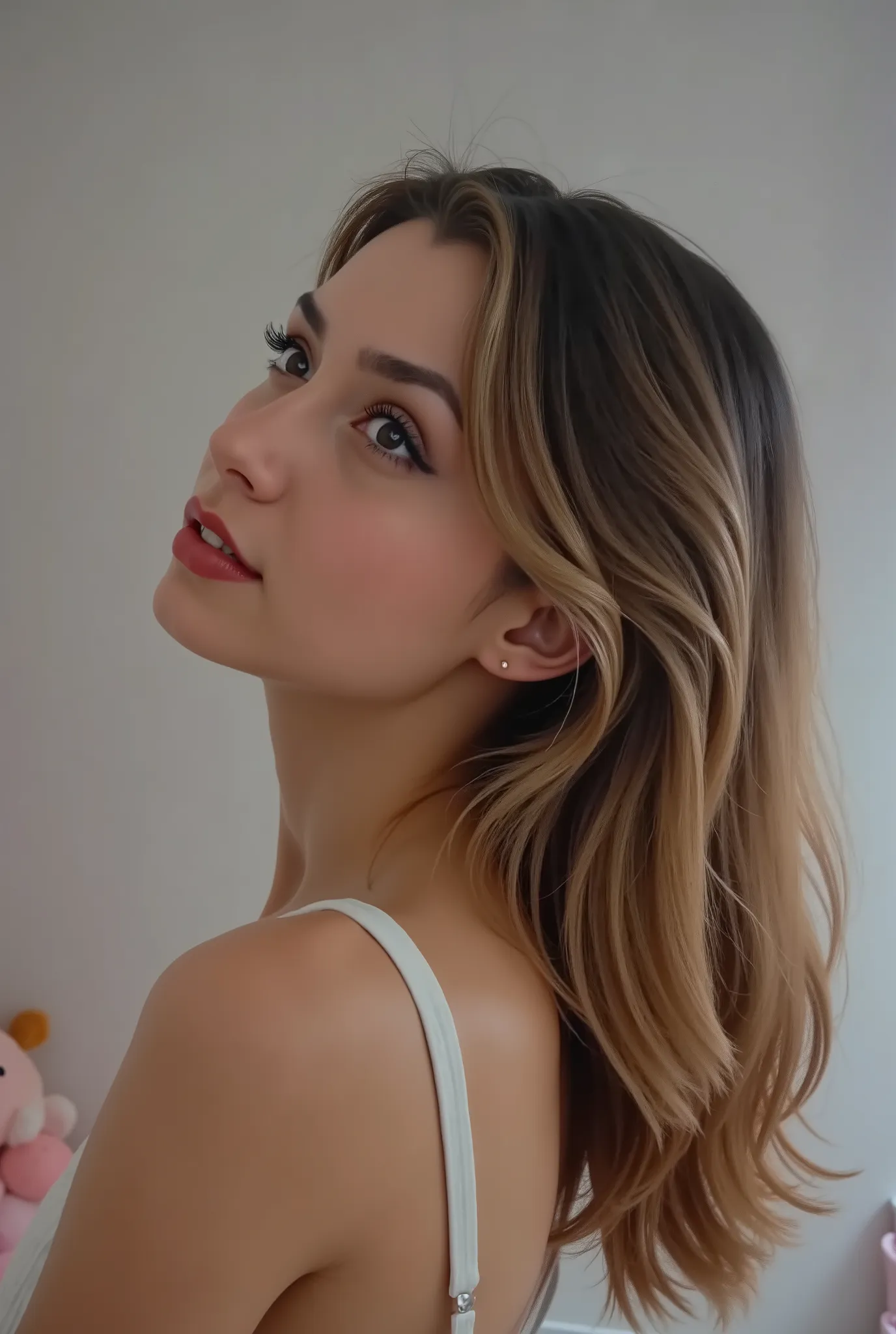 18 years, girl posing for the picture, profile shot, looking up, no hands, flat grey background, faceshot,