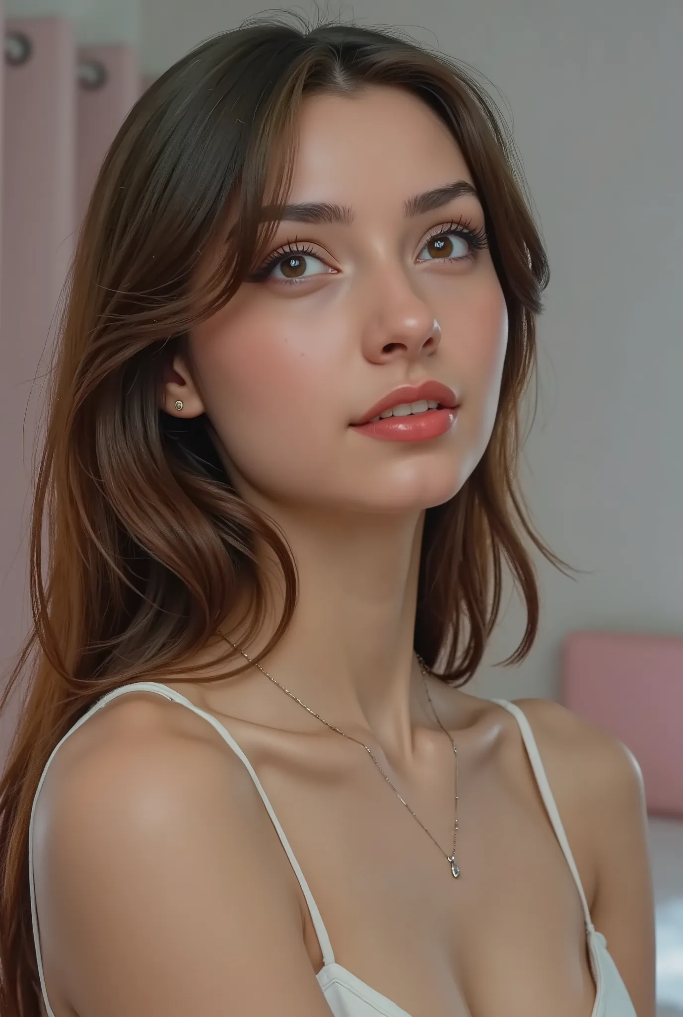 18 years, girl posing for the picture, profile shot, looking up, no hands, flat grey background, faceshot,