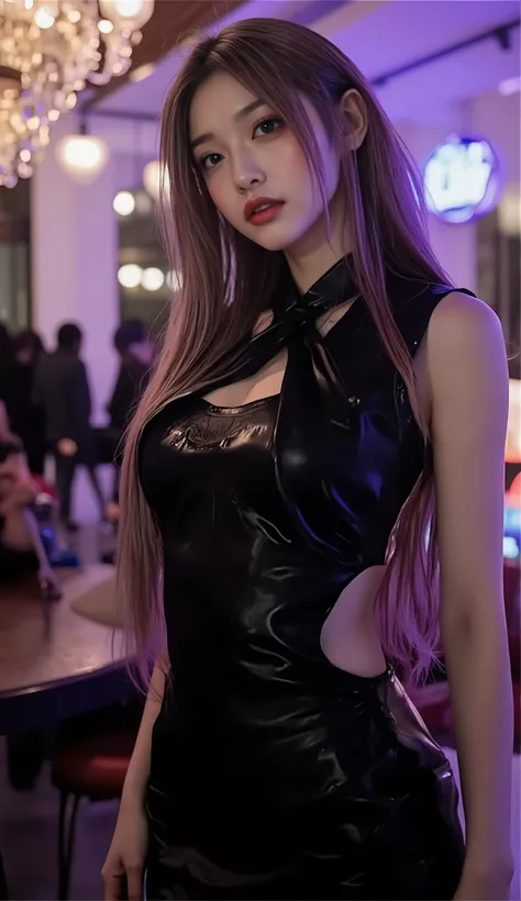 ((depicts a Korean pop idol girl。),(full body shot with mahiru),((99 cm G cup big breasts)),((Glamorous Disco Hall)),((high neck sleeveless dress)),(Neon lights illuminate you),(smile),(beautiful Korean idol makeup,beautiful lips,dark eyeshadow,long lashes...