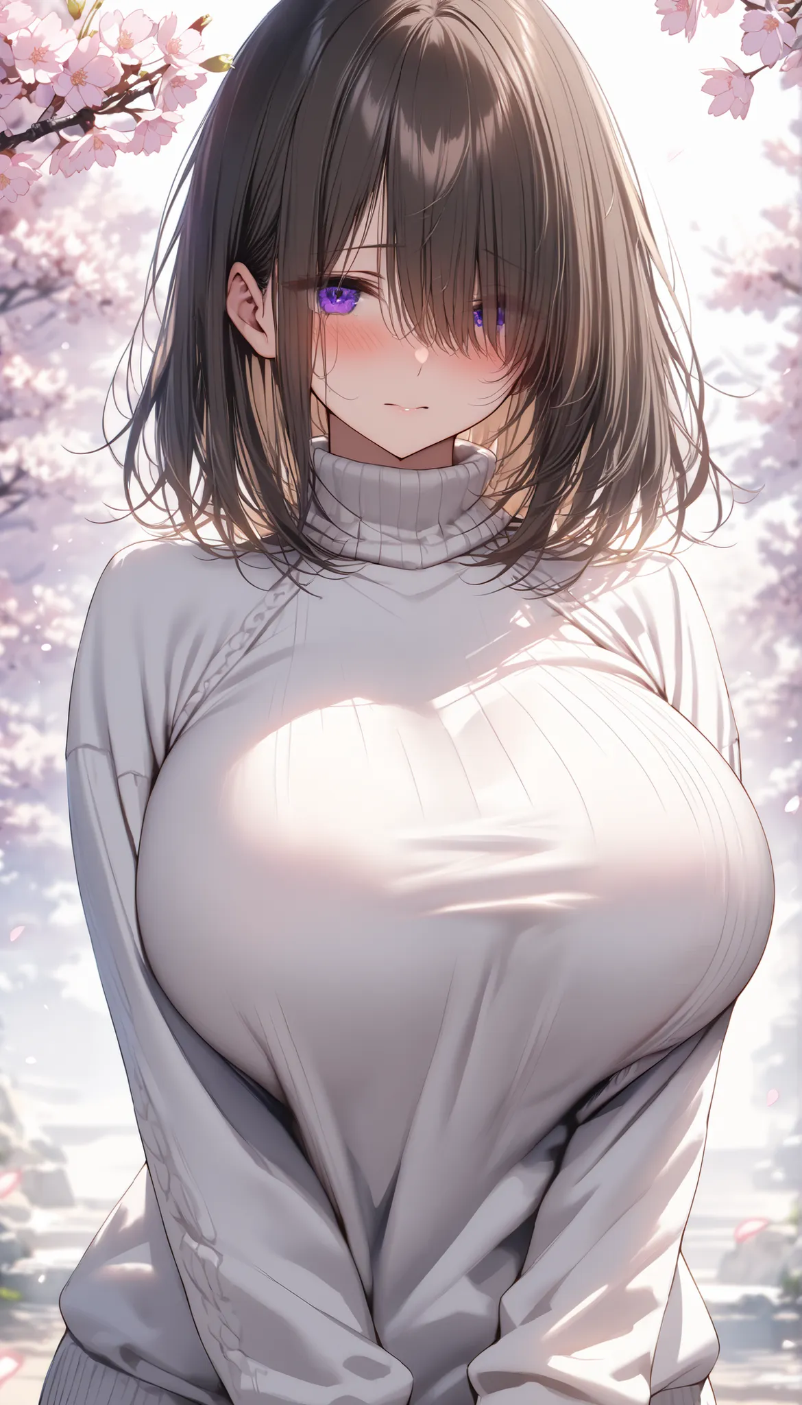 (masterpiece, Highest quality:1.2), (1girl), alone, ((medium hair)), bangs ,((dark brown hair)), (straight hair), ((hair over face)), (hair over one eye), (hair over right eye), high detail, bloom, ((detailed face)), (beautiful effects), (((white Sweater ...