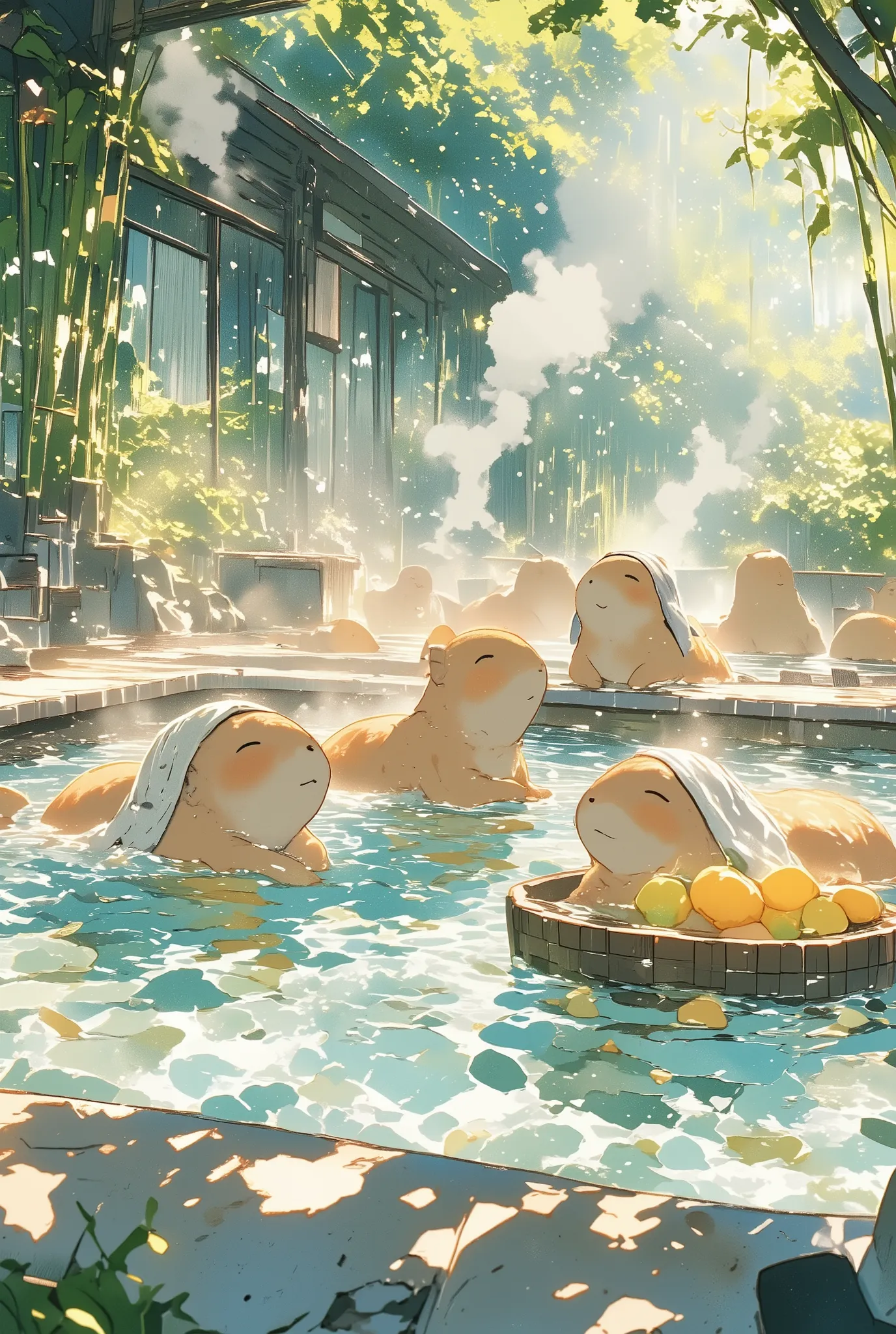 a peaceful hot spring pool scene with several capybaras relaxing in the warm water, some with towels on their heads, others soaking with closed eyes and gentle smiles, a wooden tub floating nearby with citrus fruits, steam rising softly from the surface, r...