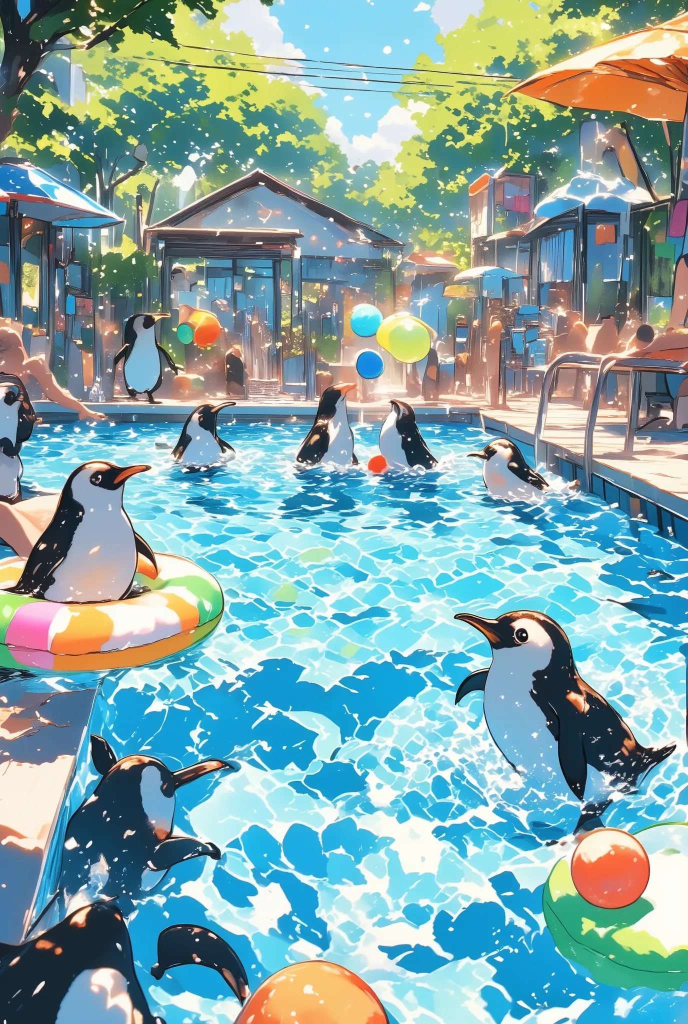 a lively scene of penguins playing in a bright blue swimming pool, some jumping into the water with splashes, others sliding belly-first on a mini waterslide, a few tossing beach balls in the air, cheerful expressions on their faces, pool toys like float r...