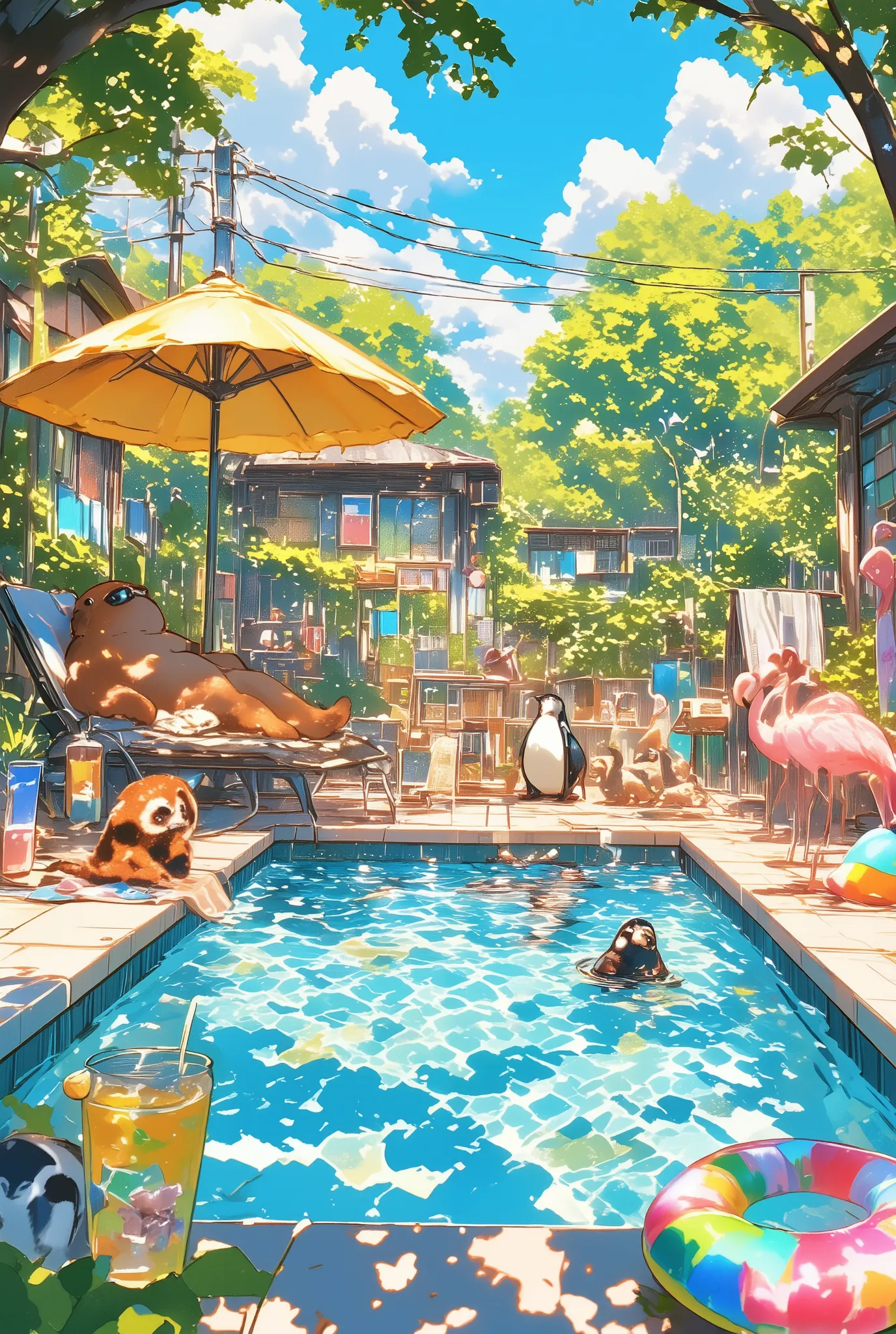 a sunny poolside scene filled with various animals relaxing and enjoying summer, a capybara reclining on a lounge chair with sunglasses, a penguin sipping juice under a beach umbrella, a red panda drying off with a towel, a group of raccoons playing cards ...