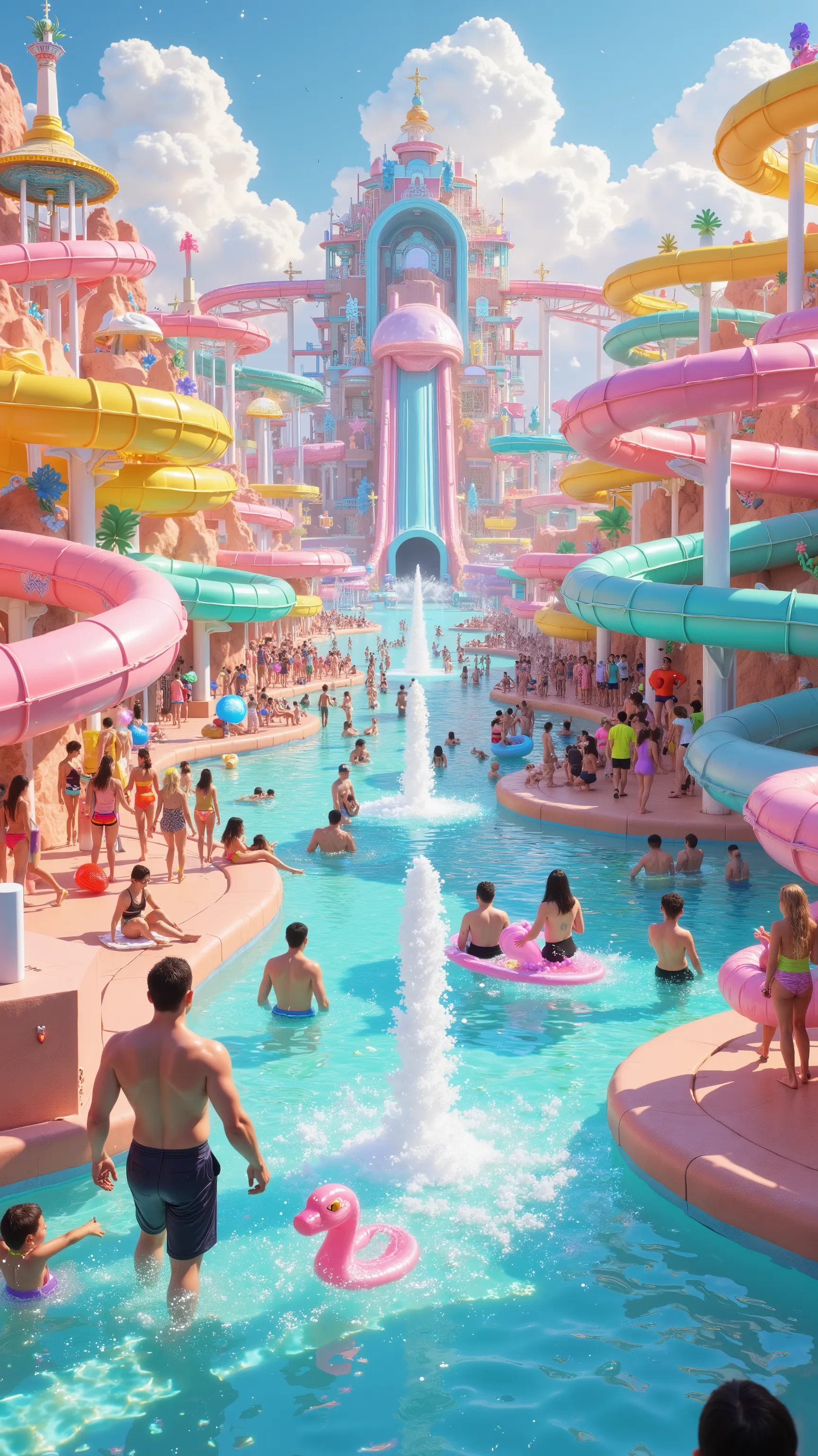 wide-angle scene, vibrant futuristic water park filled with pastel slides and iridescent water tubes, crowds of people in colorful swimsuits, floating inflatable animals, glistening water splashes frozen mid-air, cotton candy clouds in a gradient sky, digi...