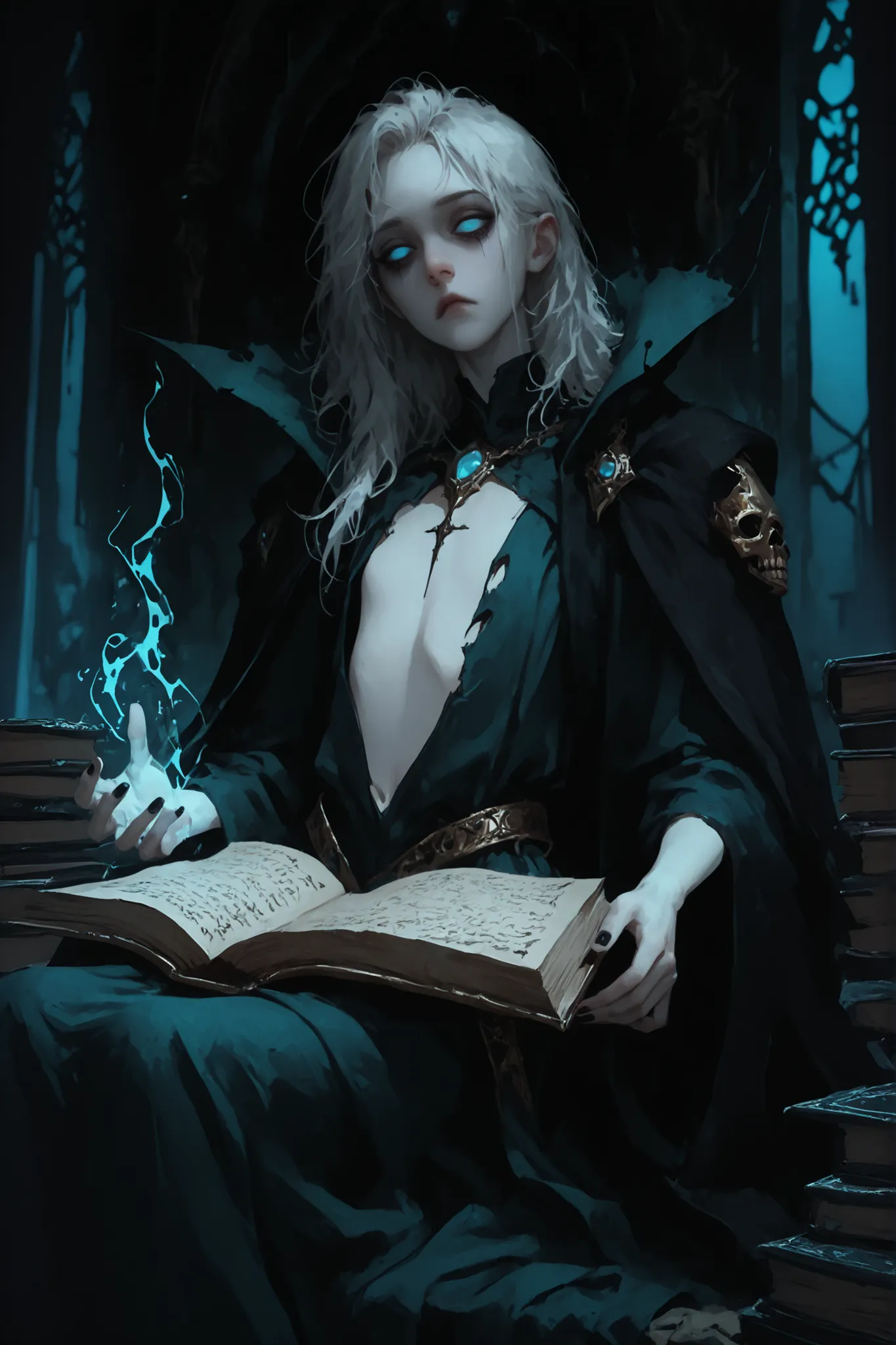 solo, female, faintly glowing blue eyes, empty eye sockets, long messy white hair, very pale skin:1.3, flat chest, slim, bored, tattered regal gown, black aura:.4, lich, magic, cape over shoulders, partially skeletonized, gold filigree black nails, holding...