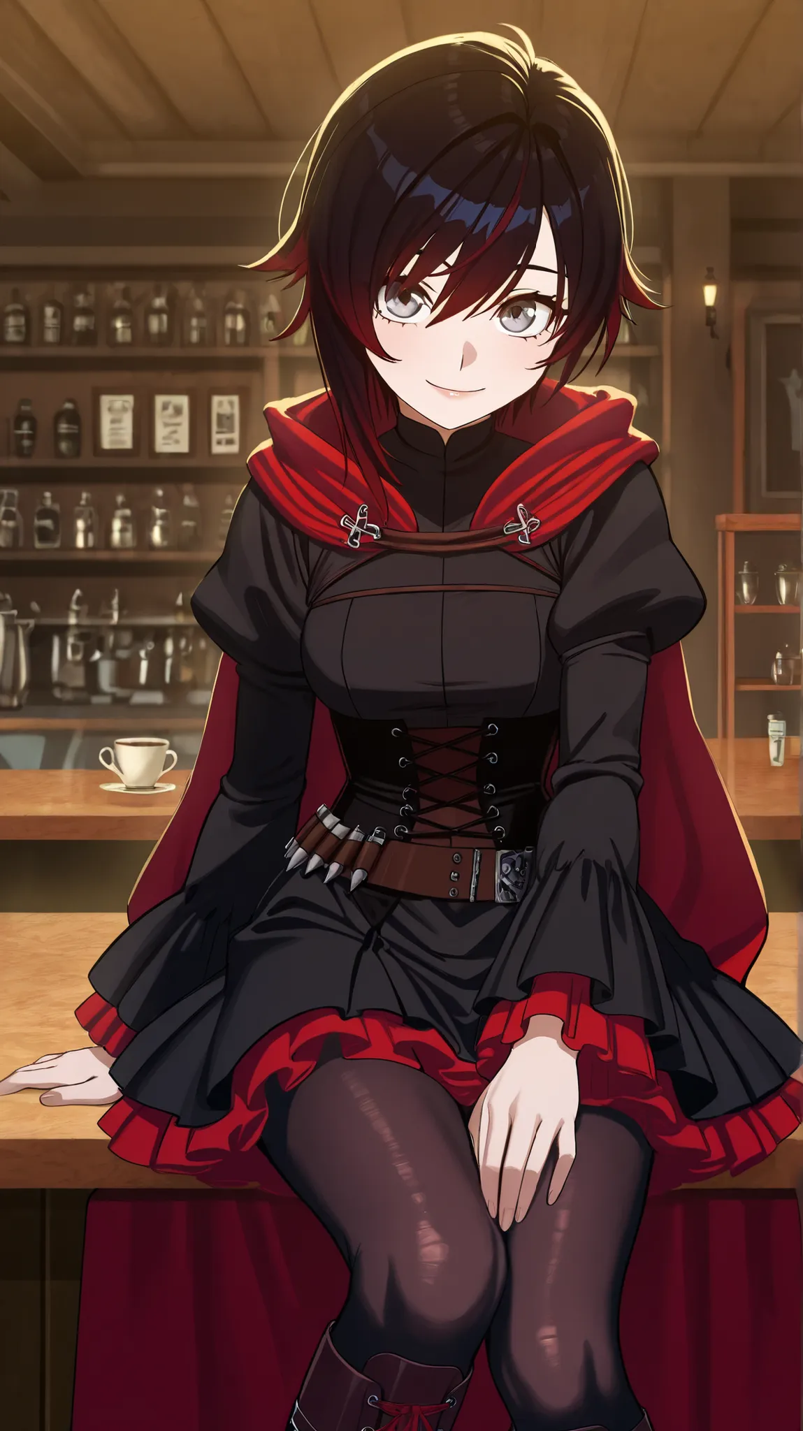 RubyR0se, 1girl, black hair, red hair, two tone hair, gray eyes, Vol1Huntress, black dress, corset, red frills, frilly sleeves, black pantyhose, lace-up boots, bandolier, red cape, indoors, cafe, sitting at bar, looking at viewer, pov, smile, upper body, c...