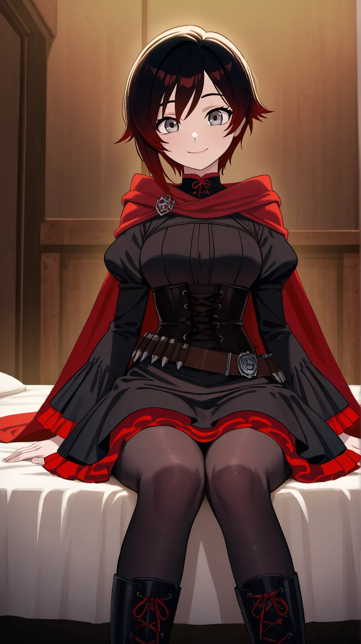 RubyR0se, 1girl, black hair, red hair, two tone hair, gray eyes, Vol1Huntress, black dress, corset, red frills, frilly sleeves, black pantyhose, lace-up boots, bandolier, red cape, indoors, bedrroom, sitting on the edge of the bed, looking at viewer, pov, ...