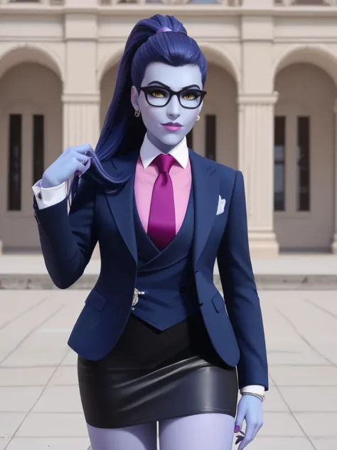 score_9, score_8_up, score_7_up, BREAK
 wdwmakr, owwidowmaker, (((colored skin))), (((blue skin))), head turned, (((glasses))), lipstick, long hair, ponytail, yellow eyes,,lips,1girl,solo,
 three-piece suit, formal, jewelry, navy blue jacket, purple neckti...