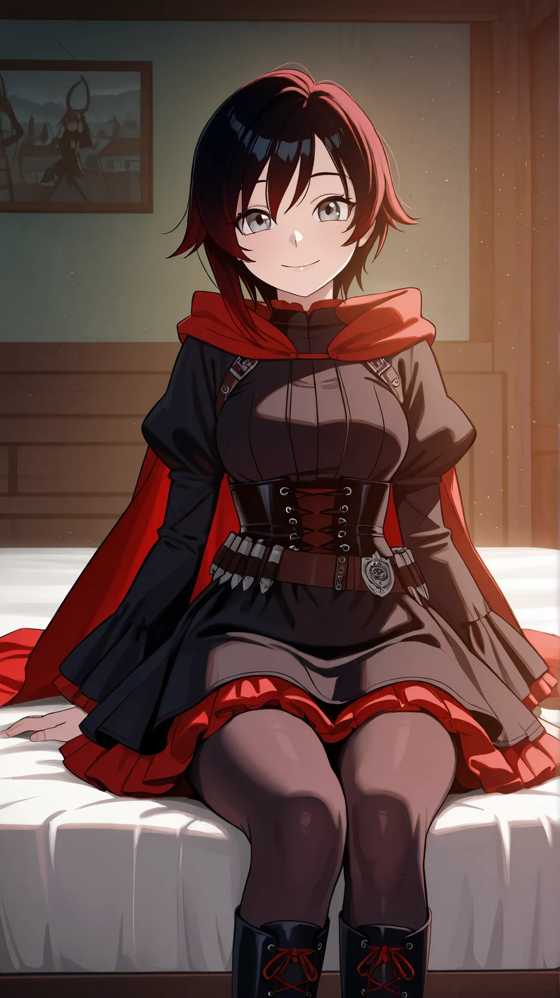 RubyR0se, 1girl, black hair, red hair, two tone hair, gray eyes, Vol1Huntress, black dress, corset, red frills, frilly sleeves, black pantyhose, lace-up boots, bandolier, red cape, indoors, bedrroom, sitting on the edge of the bed, looking at viewer, pov, ...