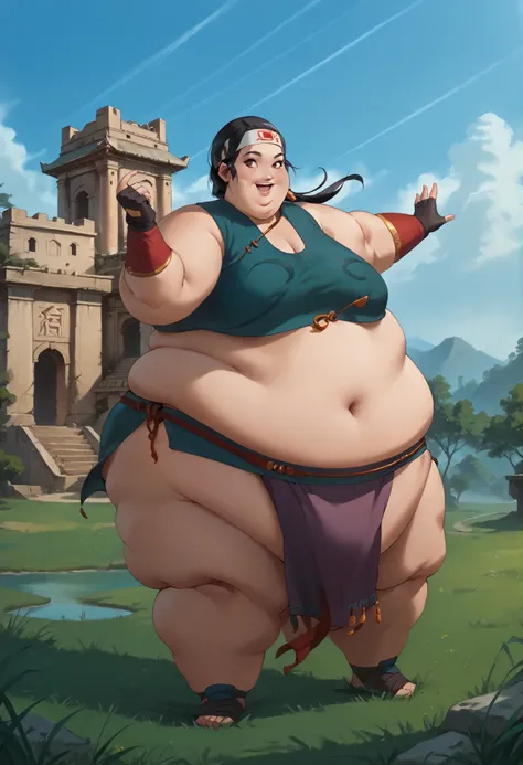 score_9, score_8_up, score_7_up,  source_anime,  BREAK solo, 1 girl, haylin, black hair, low ponytail, headband, sleeveless crop top, cleavage, midriff, loincloth, armlet, fingerless gloves, smile, open mouth, looking at viewer, breasts, 1 girl, solo, gras...
