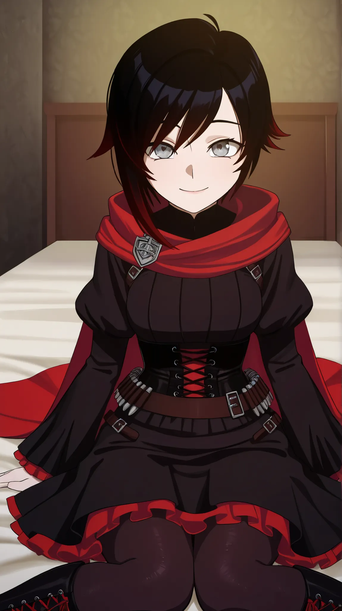 RubyR0se, 1girl, black hair, red hair, two tone hair, gray eyes, Vol1Huntress, black dress, corset, red frills, frilly sleeves, black pantyhose, lace-up boots, bandolier, red cape, indoors, bedrroom, sitting on the edge of the bed, looking at viewer, pov, ...