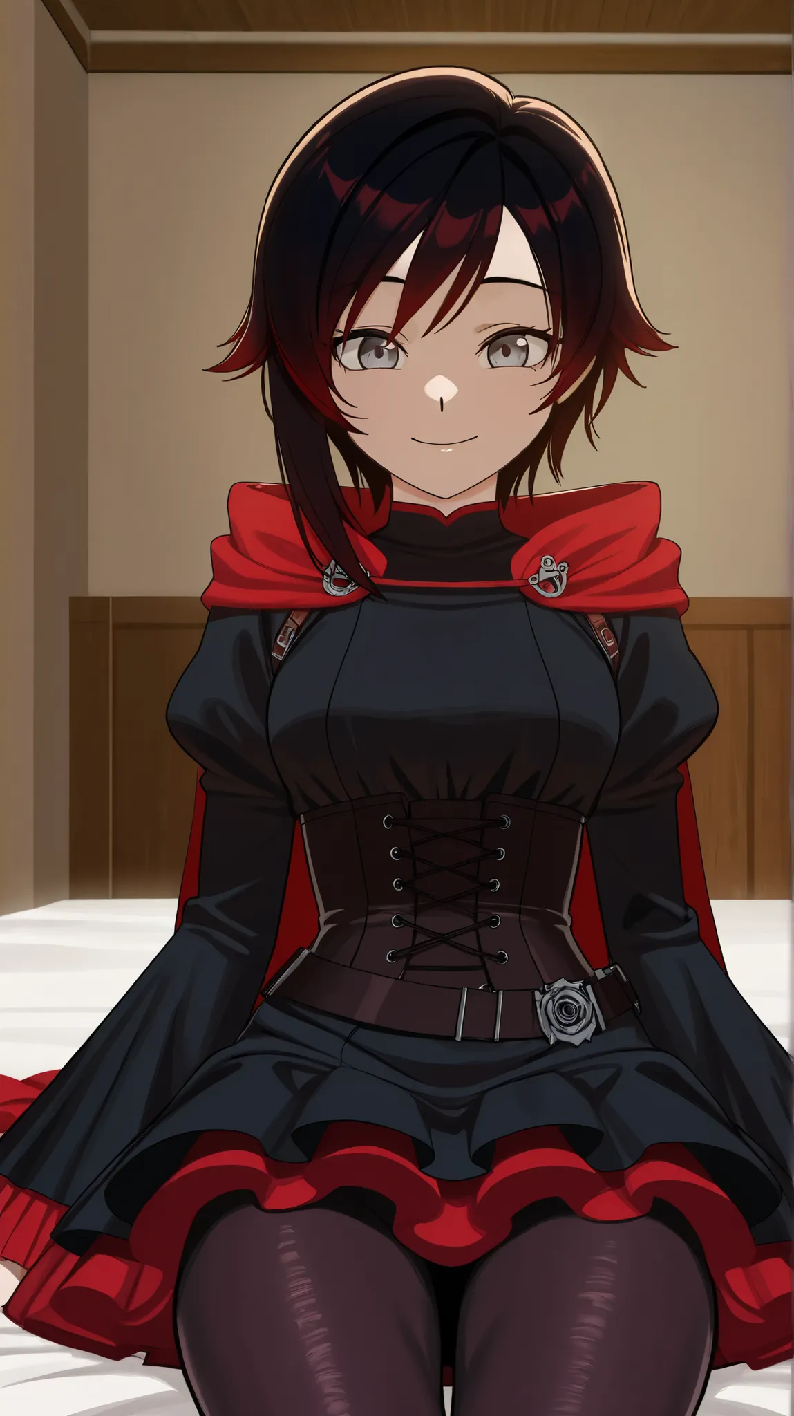 RubyR0se, 1girl, black hair, red hair, two tone hair, gray eyes, Vol1Huntress, black dress, corset, red frills, frilly sleeves, black pantyhose, red cape, indoors, bedrroom, sitting on the edge of the bed, looking at viewer, pov, smile, upper body, close-u...