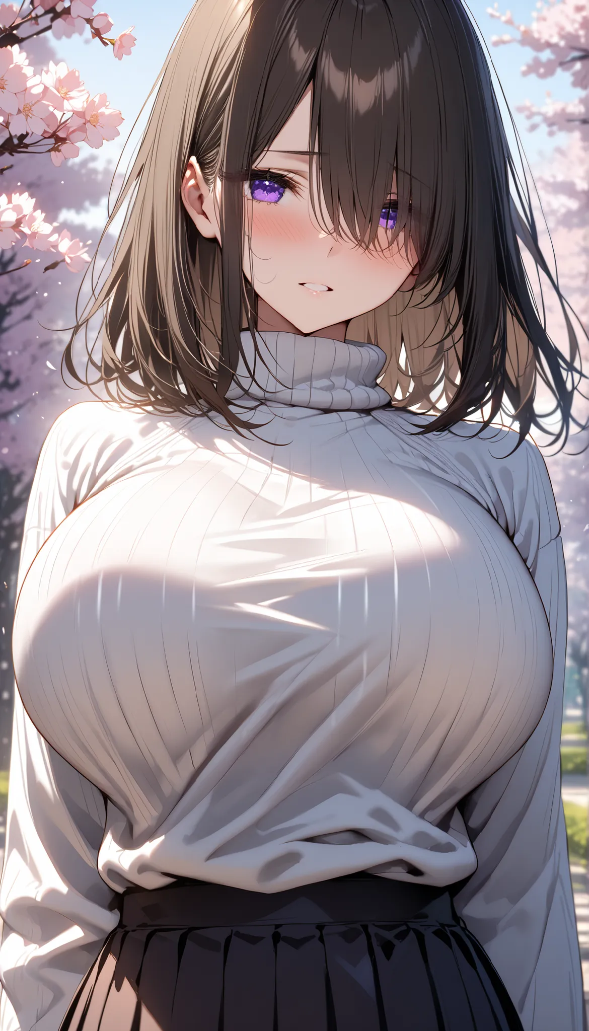 (masterpiece, Highest quality:1.2), (1girl), alone, ((medium hair)) ,((dark brown hair)), ((straight hair)), ((hair over face)), (hair over one eye), (hair over right eye), high detail, bloom, ((detailed face)), (beautiful effects), (((white Sweater high ...