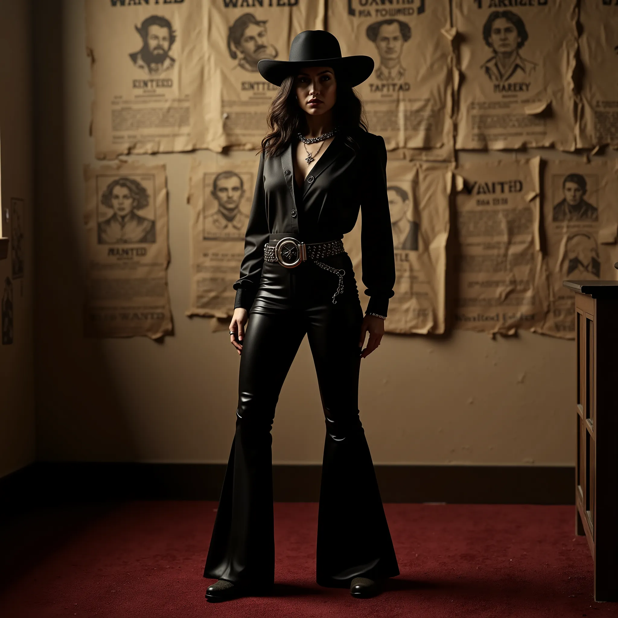A striking woman stands confidently in the center of a cinematic Western scene, framed by a textured wall plastered with faded, torn "Wanted" posters — each with bold serif fonts, sepia tones, and sketched portraits. She wears a sharp black Western outfit ...