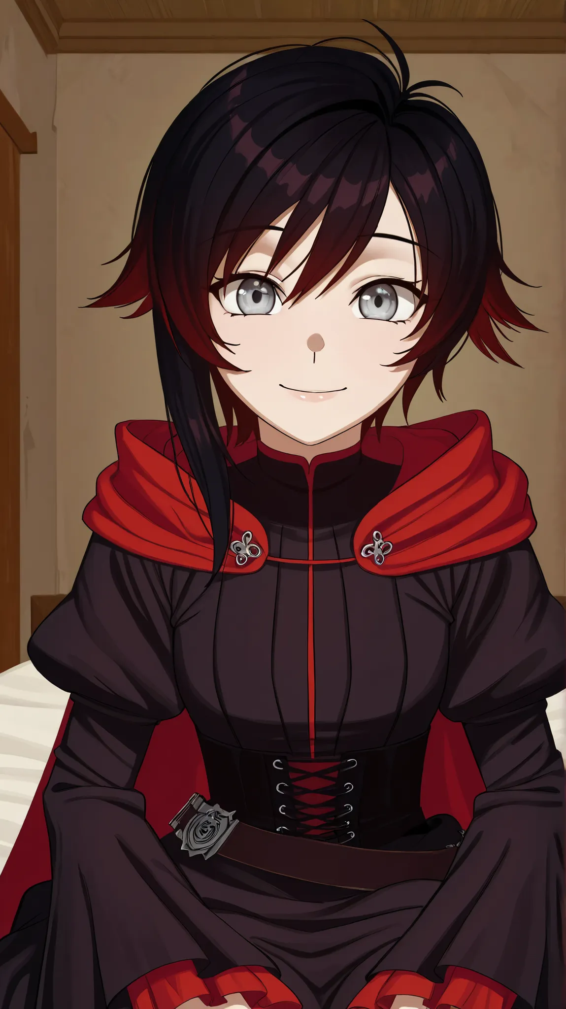 RubyR0se, 1girl, black hair, red hair, two tone hair, gray eyes, Vol1Huntress, black dress, red frills, frilly sleeves, red cape, indoors, bedrrloom, sitting on the edge of the bed, looking at viewer, pov, smile, upper body, close-up of face, facing viewer...