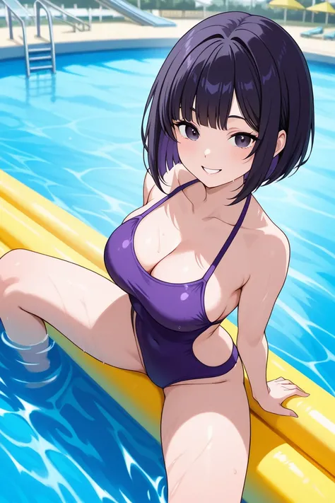 A woman is riding on her back on a large float、Water park pool、mayahell,She's wearing a purple swimsuit、she has dark hair、She has dark eyes 、She's bob cut、smile