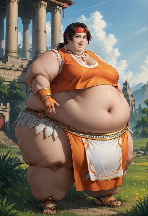 score_9, score_8_up, score_7_up,  source_anime,  BREAK solo, 1 girl, xiaoyu, black hair, low ponytail, headband, sleeveless crop top, cleavage, midriff, loincloth, armlet, fingerless gloves, smile, open mouth, looking at viewer, breasts, 1 girl, solo, gras...