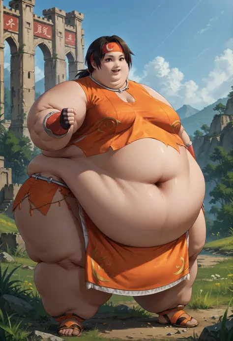 score_9, score_8_up, score_7_up, source_anime, BREAK solo, 1 girl, xiaoyu, black hair, low ponytail, headband, sleeveless crop top, cleavage, midriff, loincloth, armlet, fingerless gloves, smile, open mouth, looking at viewer, breasts, 1 girl, solo, gras...