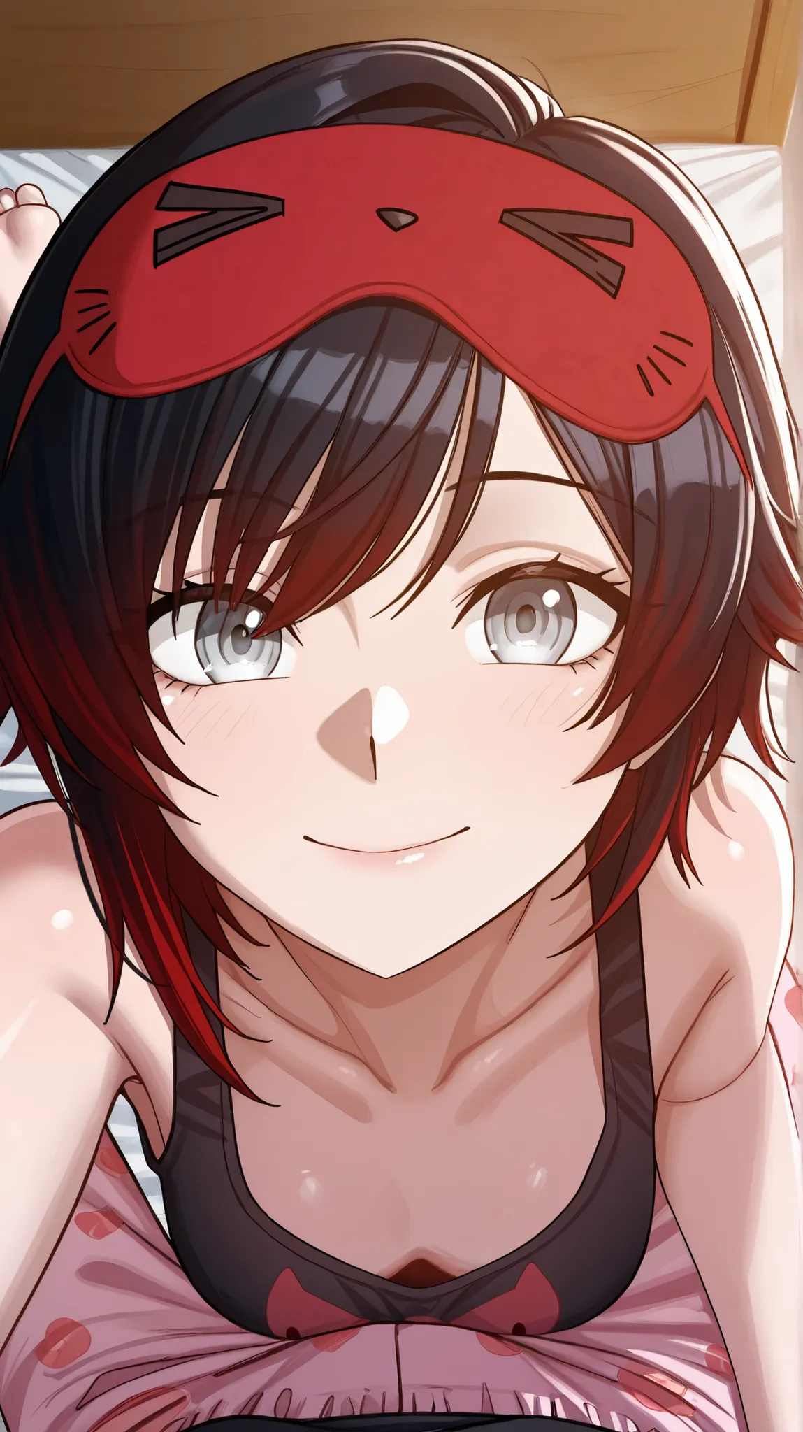 RubyR0se, 1girl, black hair, red hair, two tone hair, gray eyes, Vol1Pajamas, pajamas, black tank top, pink pants, sleep mask, barefoot, indoors, bedroom, laying on bed, looking at viewer, pov, smile, upper body, close-up of face, facing viewer, face-to-fa...