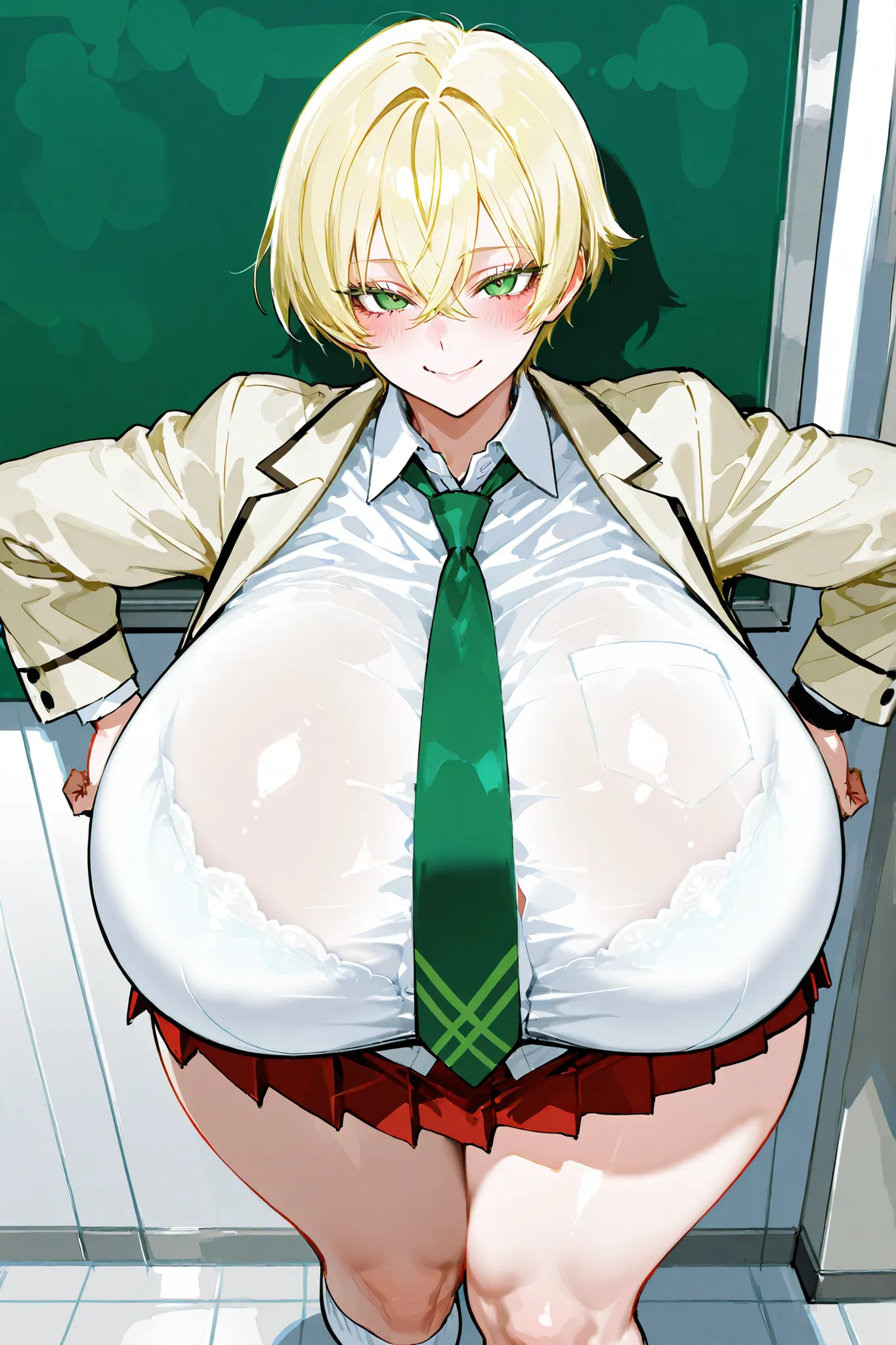 (((best quality))), ((ultra-detailed)), (illustration), ((an extremely delicate and beautiful)),(background:A new school classroom with white floors and white walls),1 woman,solo, (Happy smile),(Blush),(gleaming skin),(White long sleeve shirt)(Beige blazer...