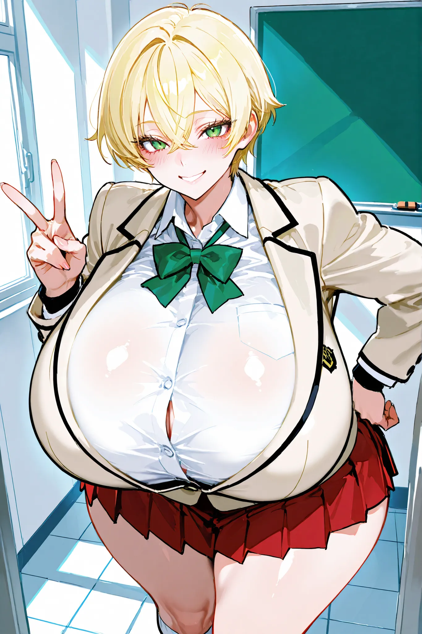 (((best quality))), ((ultra-detailed)), (illustration), ((an extremely delicate and beautiful)),(background:A new school classroom with white floors and white walls),1 woman,solo, (Happy smile),(Blush),(gleaming skin),(White long sleeve shirt)(Beige blazer...