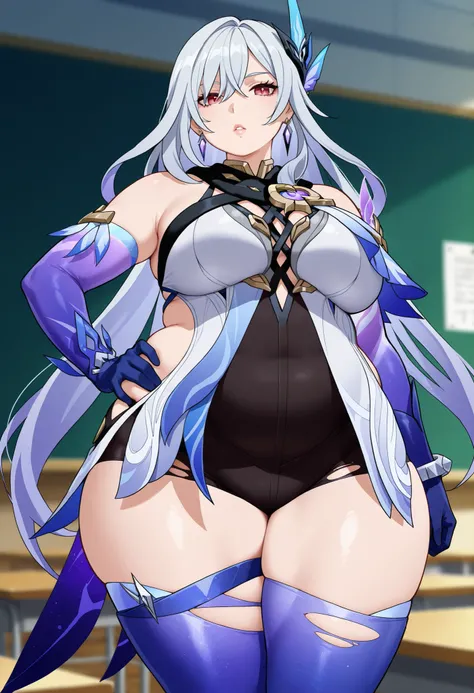 anime screencap, masterpiece, best quality,
1girl, solo, parted lips,
 1girl, solo, mature female, skirk \(genshin impact\), genshin impact, 1girl, solo, breasts, long hair, gloves, thighhighs, looking at viewer, elbow gloves, hand on hip, bangs, hair orna...