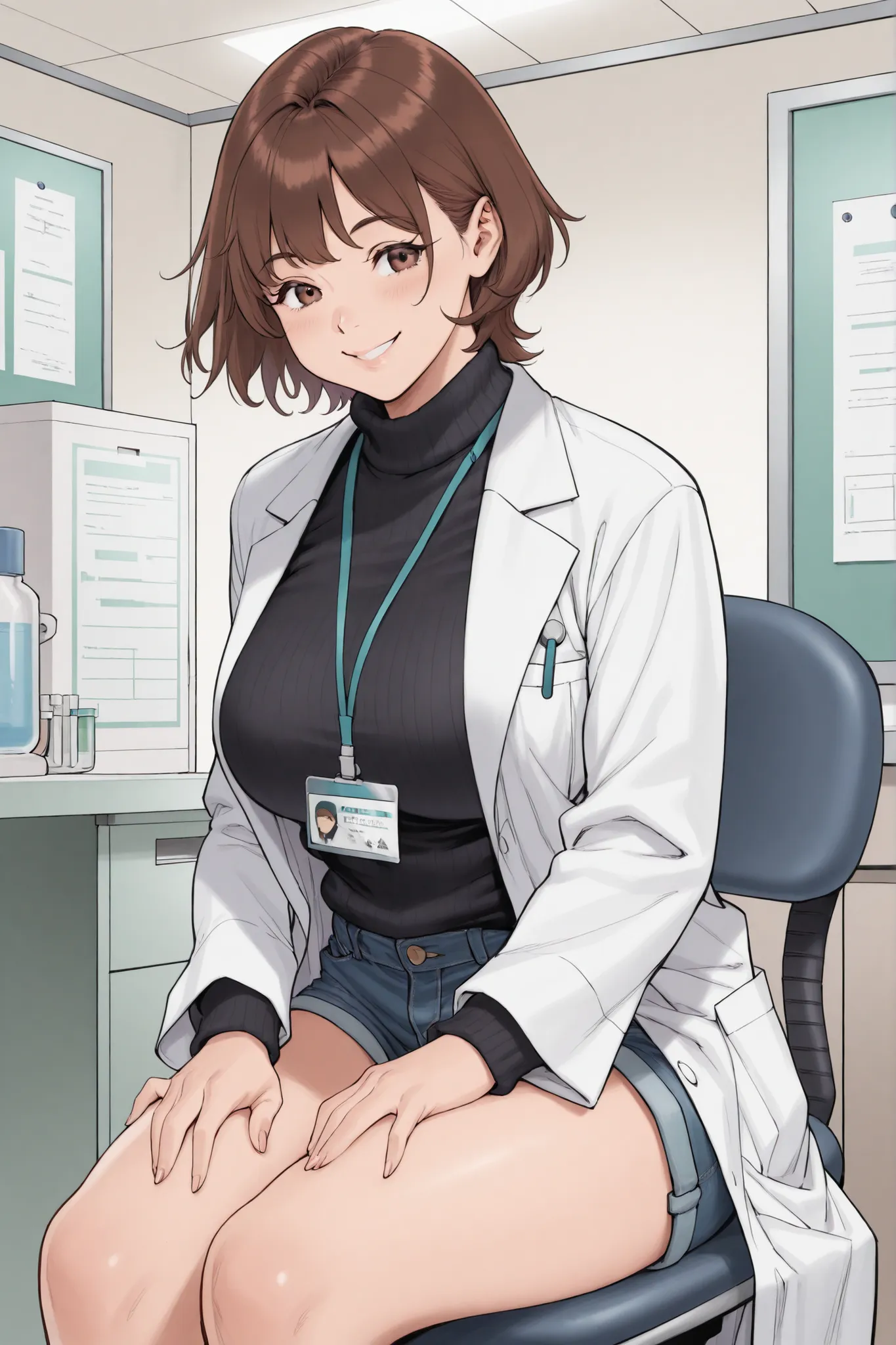 1 girl, brown hair, short hair, voluptuous, lab coat, black sweater, denim shorts, smile, doctor's office room, sitting, hands on thighs, id card