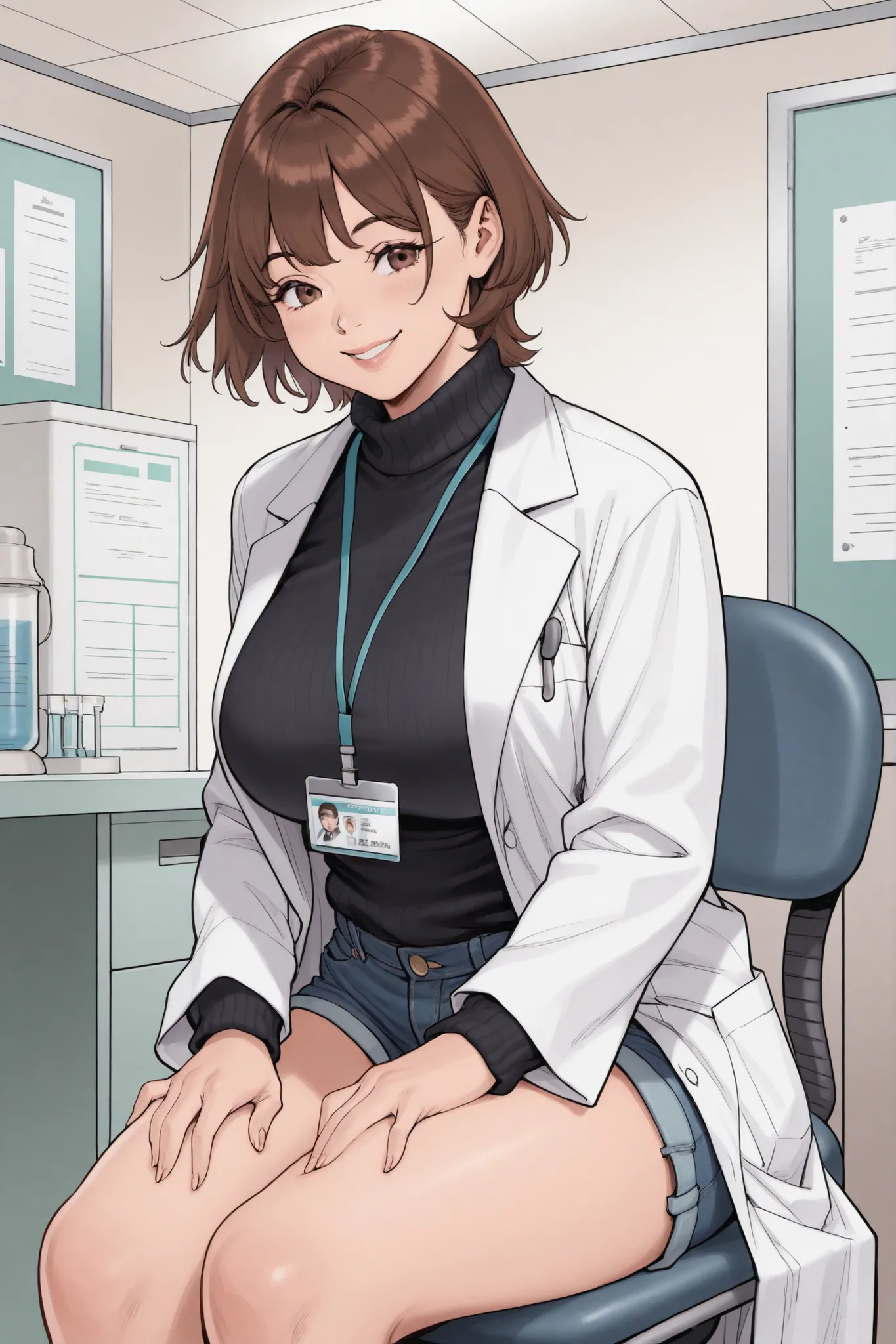 1 girl, brown hair, short hair, voluptuous, lab coat, black sweater, denim shorts, smile, doctor's office room, sitting, hands on thighs, id card, plumb lips