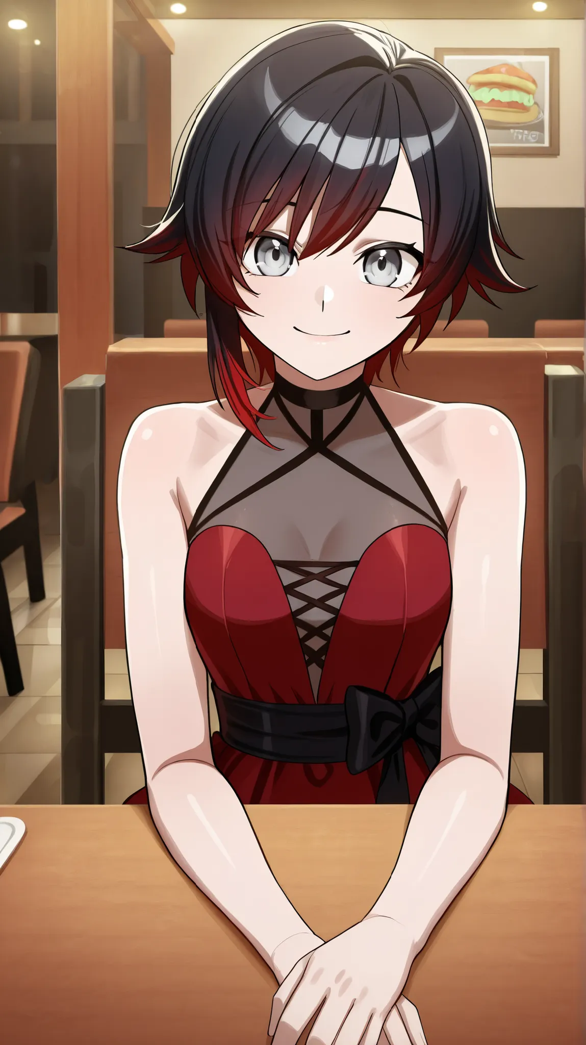 RubyR0se, 1girl, black hair, red hair, two tone hair, gray eyes, DanceDress, red sleeveless dress, bare shoulders, black shoes, black ribbon, indoors, restaurant, sitting at table, sitting across viewer, looking at viewer, pov, smile, upper body, close-up ...
