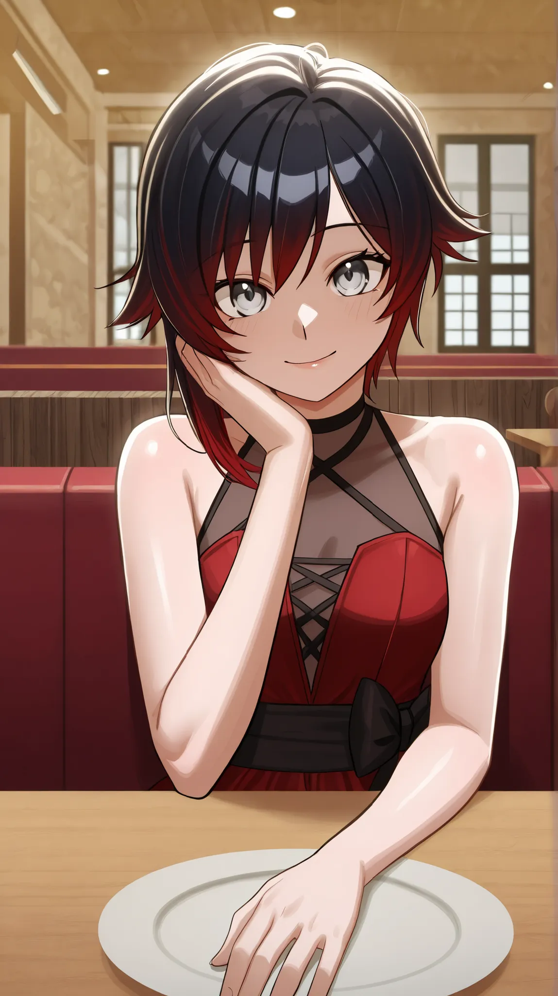 RubyR0se, 1girl, black hair, red hair, two tone hair, gray eyes, DanceDress, red sleeveless dress, bare shoulders, black shoes, black ribbon, indoors, restaurant, sitting at table, sitting across viewer, looking at viewer, pov, smile, upper body, close-up ...