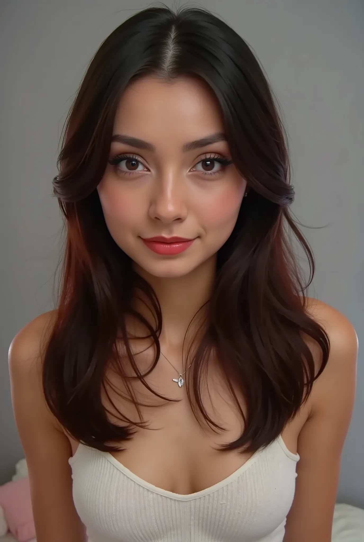 18 years, girl posing for a profile picture, profile shot, no hands, flat grey background, faceshot,