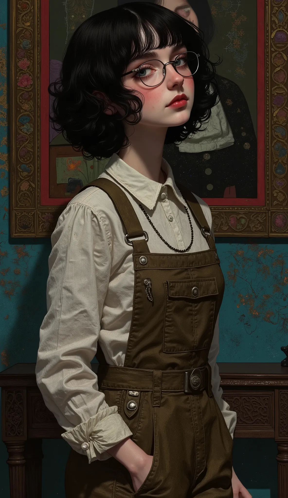 beautiful detailed photograph, girl, pale skin, black brown short curly perm hair, a lock of curly hair partially covers her right eye, wearing an olive brown mechanical overall very dirty, standing in a dark dirty cover in spiderweb haunted 19 century li...