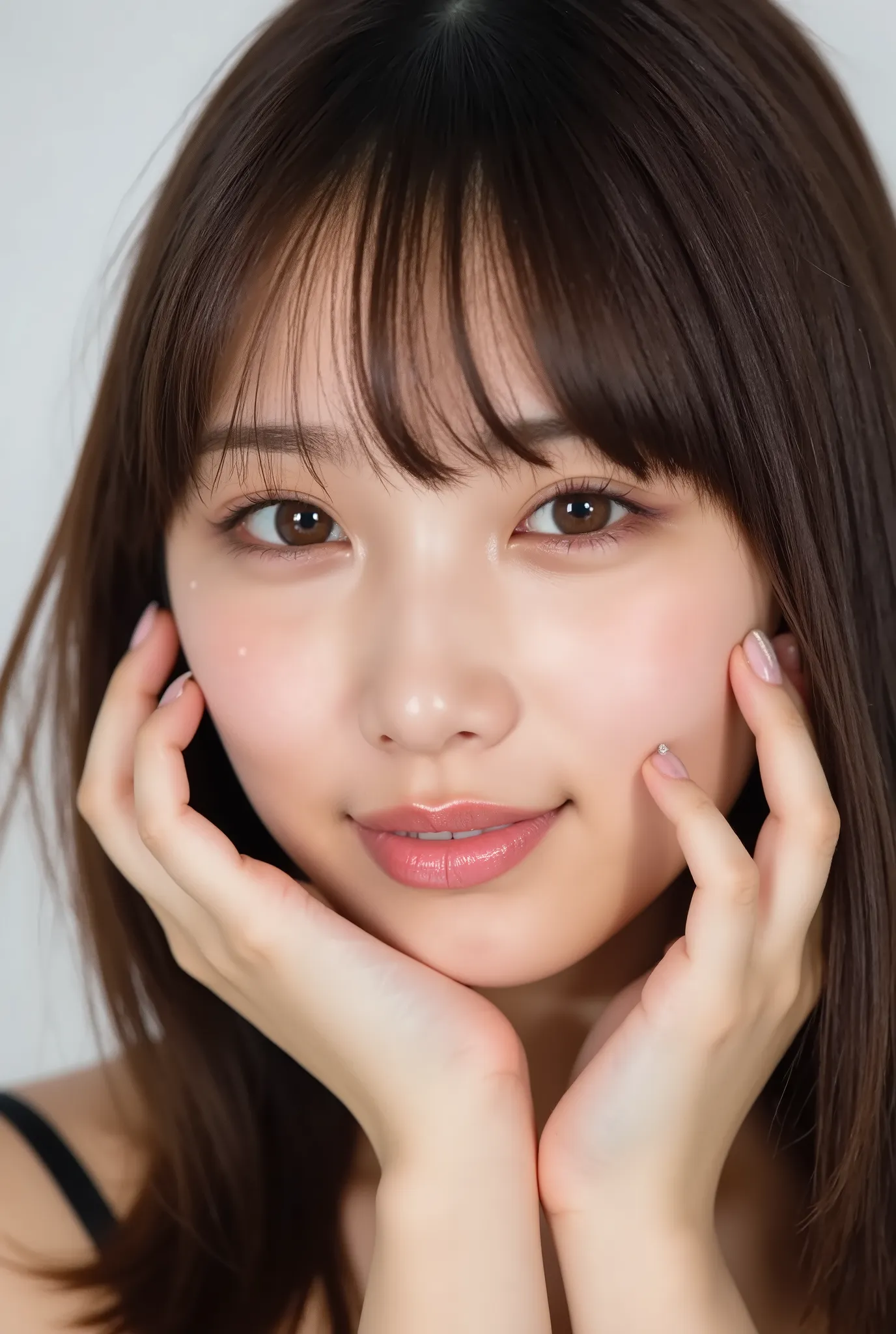 extreme close-up portrait of a beautiful 20-year-old Japanese woman, ultra photo-realistic, cinematic lighting, hyper-detailed skin with pores and faint peach fuzz, soft translucent makeup, gently flushed cheeks, lips curled into a relaxed, goofy smile, sl...
