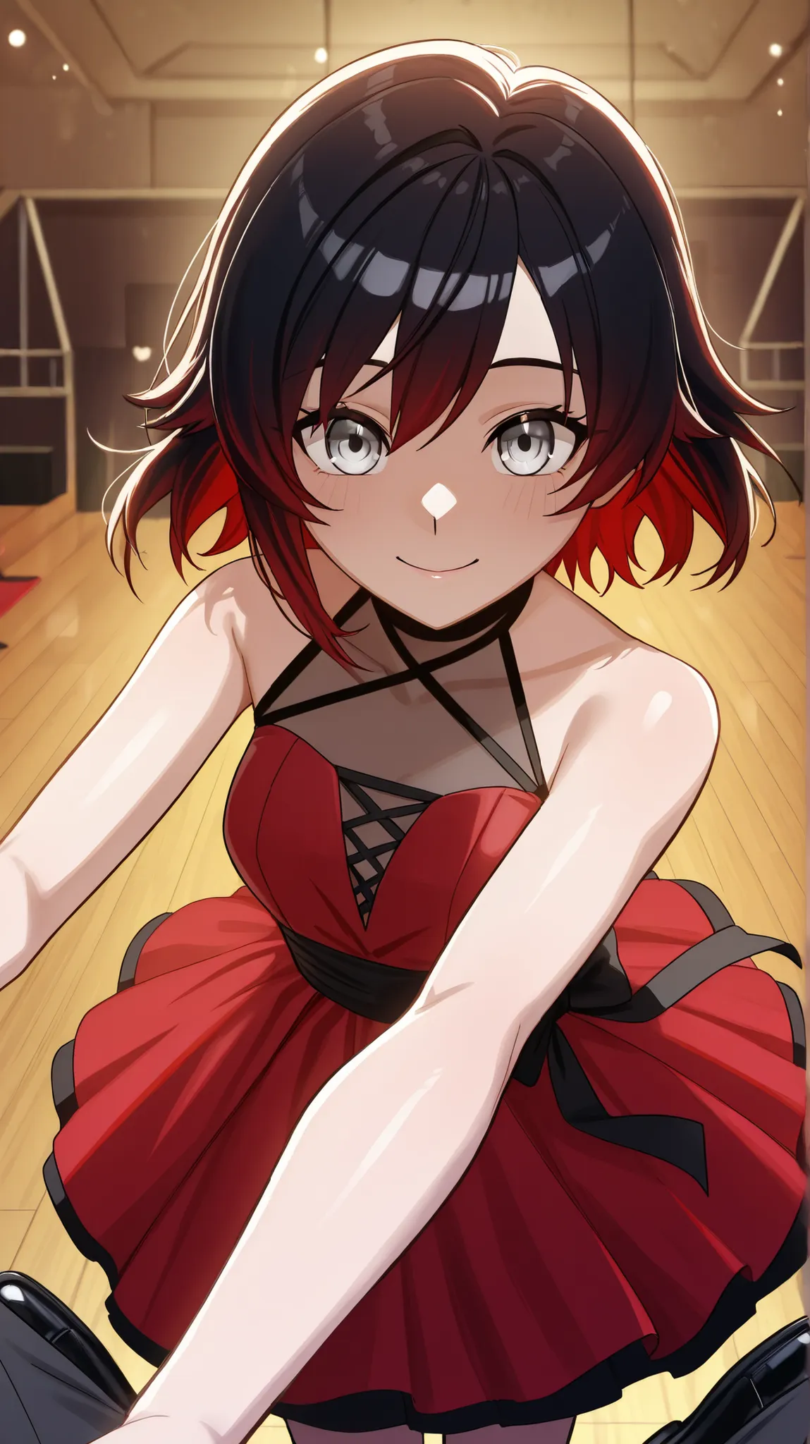 RubyR0se, 1girl, black hair, red hair, two tone hair, gray eyes, DanceDress, red sleeveless dress, bare shoulders, black shoes, black ribbon, indoors, dance club, dance floor, dancing, looking at viewer, pov, smile, upper body, close-up of face, score_9, s...
