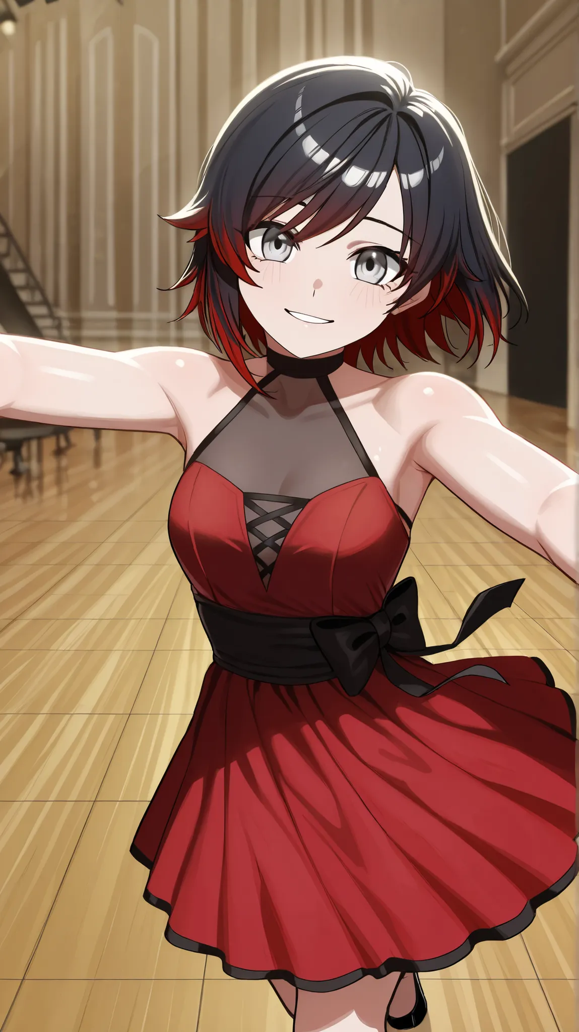 RubyR0se, 1girl, solo, black hair, red hair, two tone hair, gray eyes, DanceDress, red sleeveless dress, bare shoulders, black shoes, black ribbon, indoors, dance club, dance floor, dancing, looking at viewer, pov, smile, upper body, close-up of face, scor...