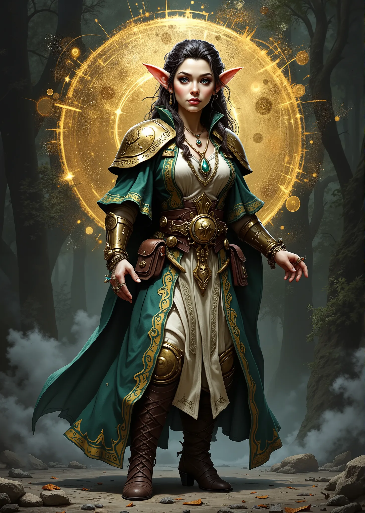 Full body view. An extremely detailed comic book illustration of a stunningly beautiful extremely curvaceous Gnome from Dungeons and Dragons petite magical folk with big eyes and pointed ears created by gods of invention and illusion seldom seen by other f...