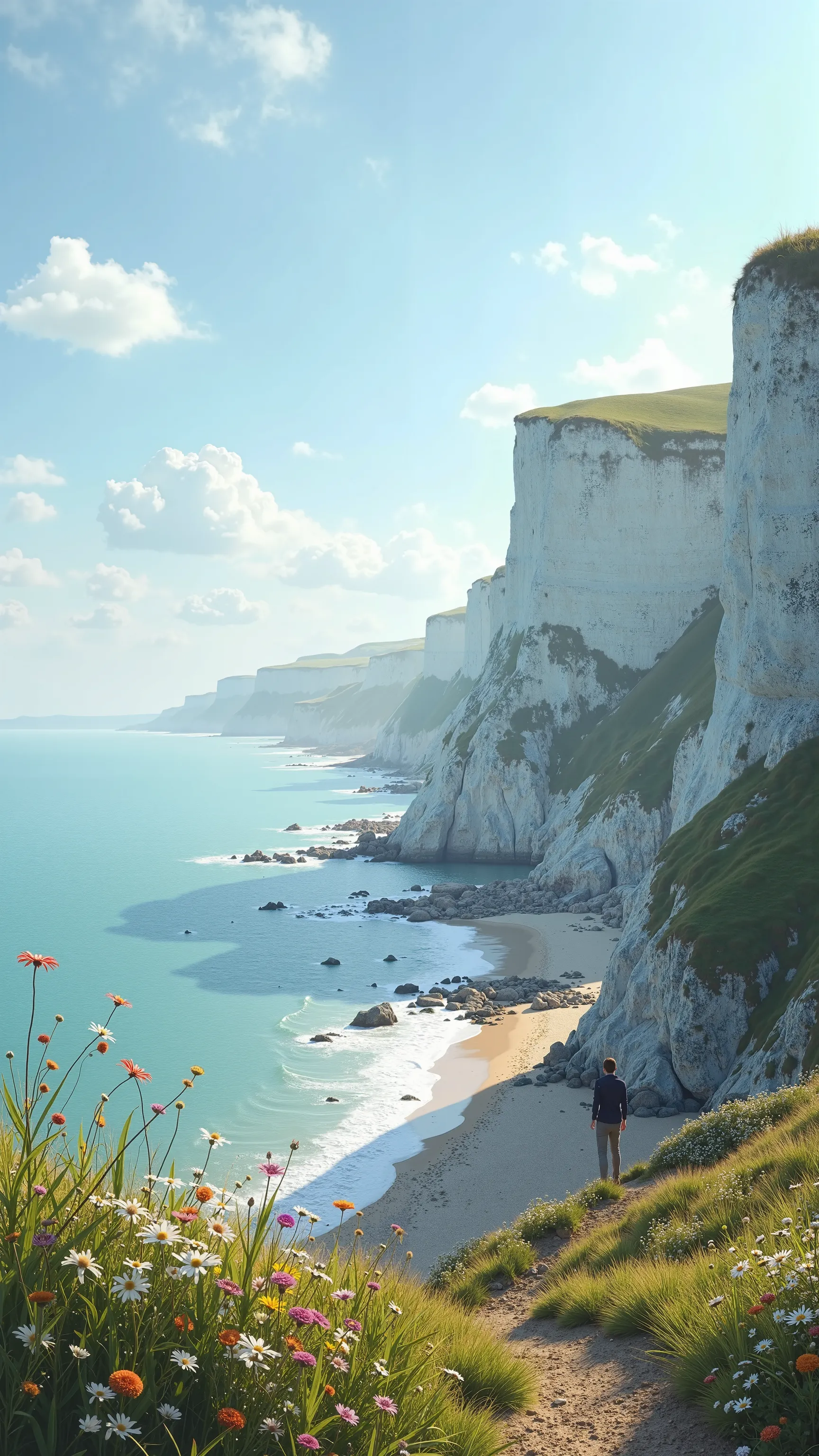 High definition images、from the 崖of Normandy at the foot of the Strait of Dover、海の近くからLooking at イングランド in the distance、Just a few summer flowers、I'm watching the blue sky and clouds。