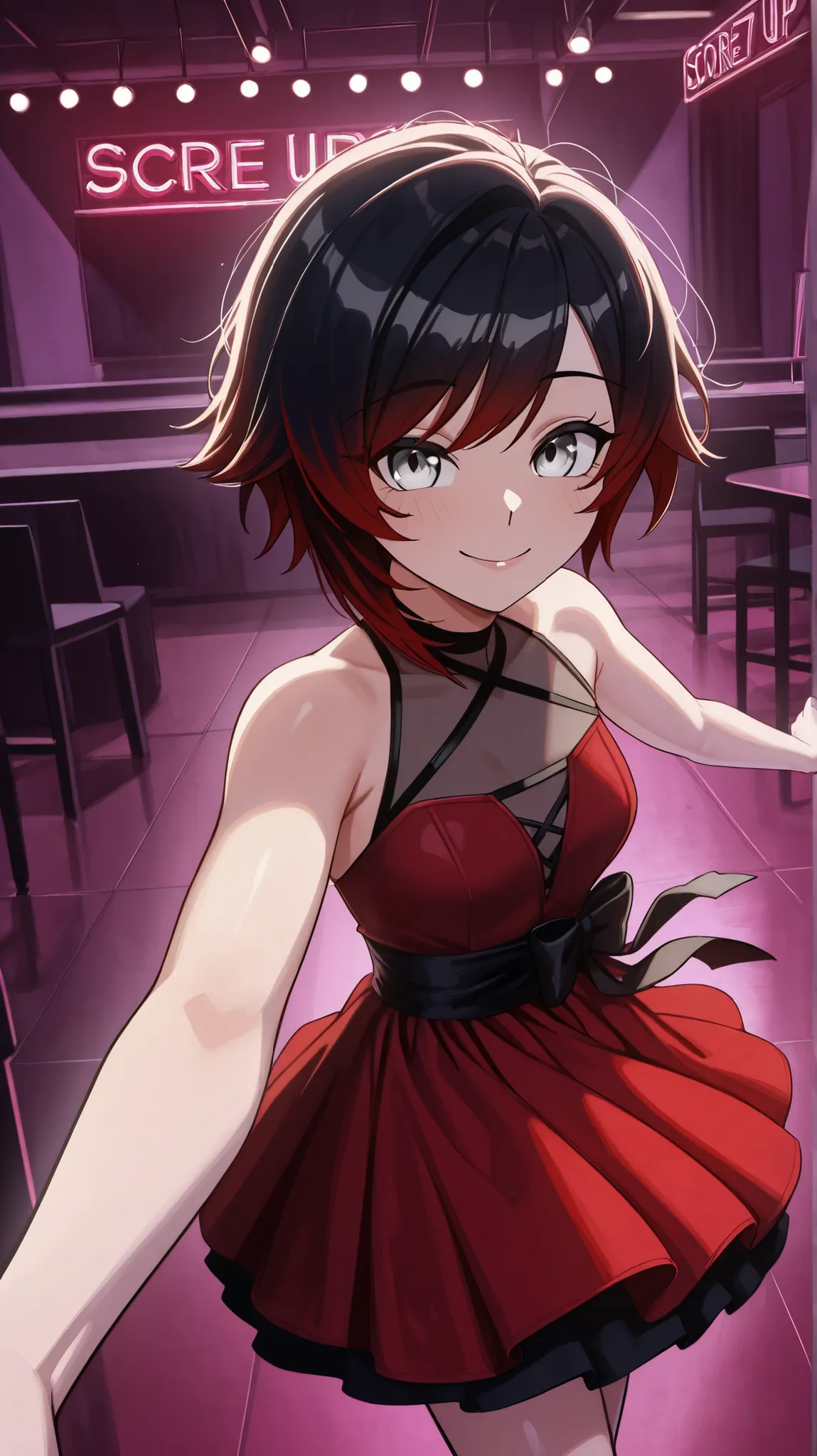 RubyR0se, 1girl, solo, black hair, red hair, two tone hair, gray eyes, DanceDress, red sleeveless dress, bare shoulders, black shoes, black ribbon, indoors, night club, dance floor, neon sign, strobe lights,  dancing, looking at viewer, pov, smile, upper b...