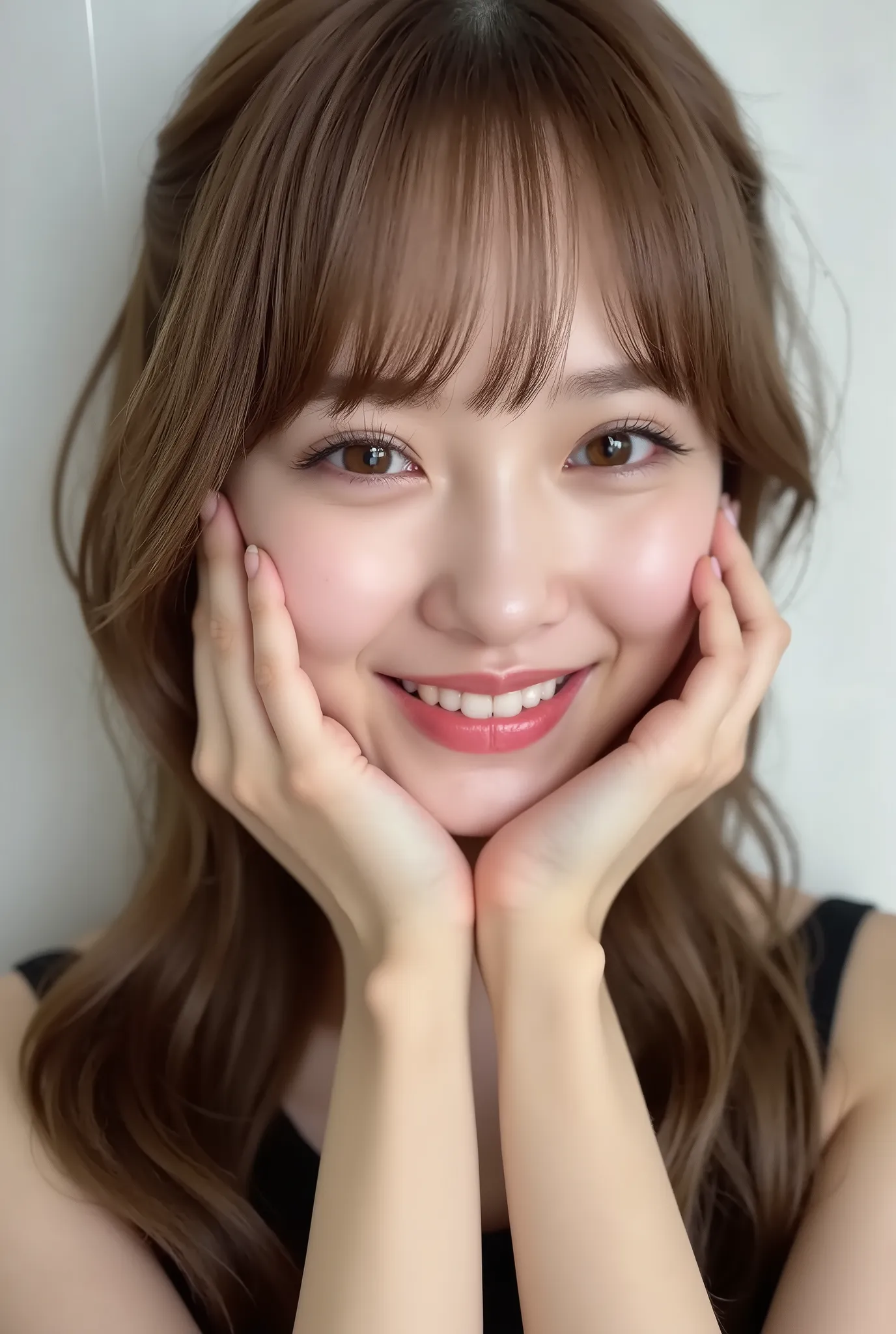extreme close-up portrait of a beautiful 20-year-old Japanese woman, ultra photo-realistic, cinematic lighting, hyper-detailed skin with pores and faint peach fuzz, soft translucent makeup, gently flushed cheeks, lips curled into a relaxed, goofy smile, sl...