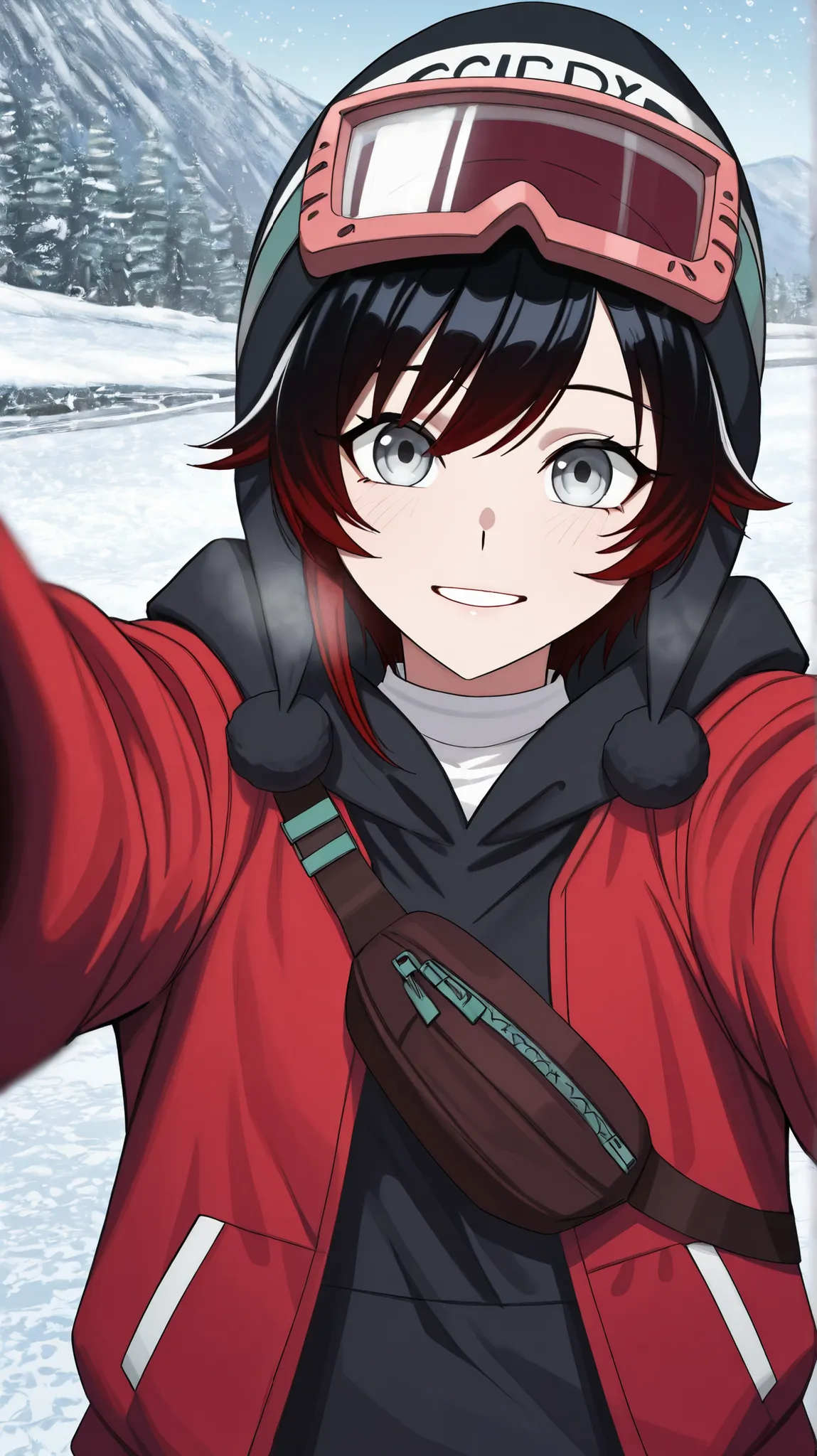 RubyR0se, 1girl, solo, black hair, red hair, two tone hair, gray eyes, LucidDreamOutfit, goggles, black hoodie, white shirt, red jacket, hat, pantyhose, beanie, long sleeves, outdoors, snow, looking at viewer, pov, smile, upper body, close-up of face, scor...
