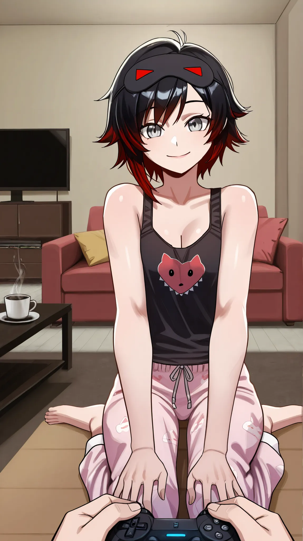 RubyR0se, 1girl, black hair, red hair, two tone hair, gray eyes, Vol1Pajamas, pajamas, black tank top, pink pants, sleep mask, barefoot, indoors, living room, couch, sitting on couch, coffee table, TV, PS5, Duelsense controller, looking at viewer, pov, smi...